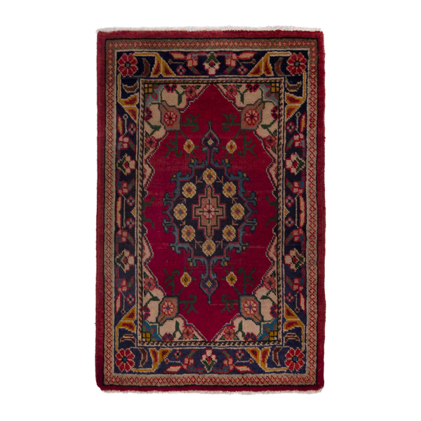 Persian Tabriz accent rug in burgundy and dark blue, 1'10" x 2'6"