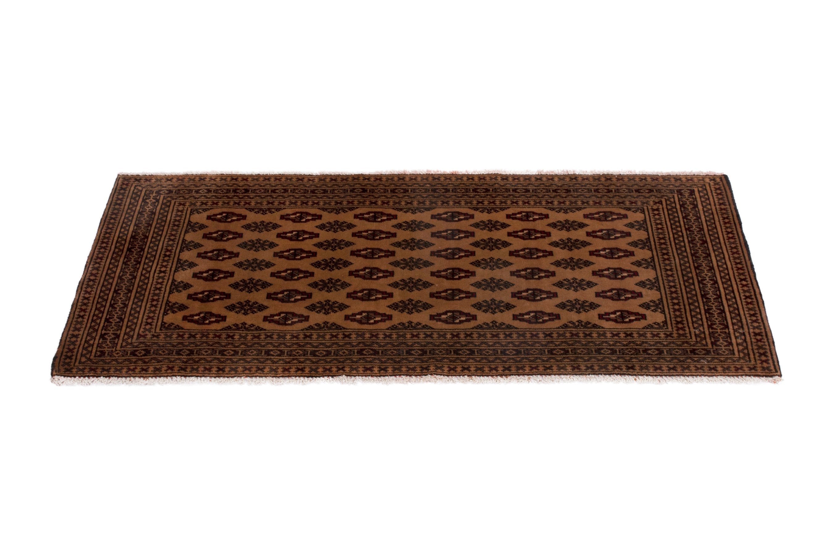 Persian Torkaman accent rug in brown and dark brown, view 2 of 7