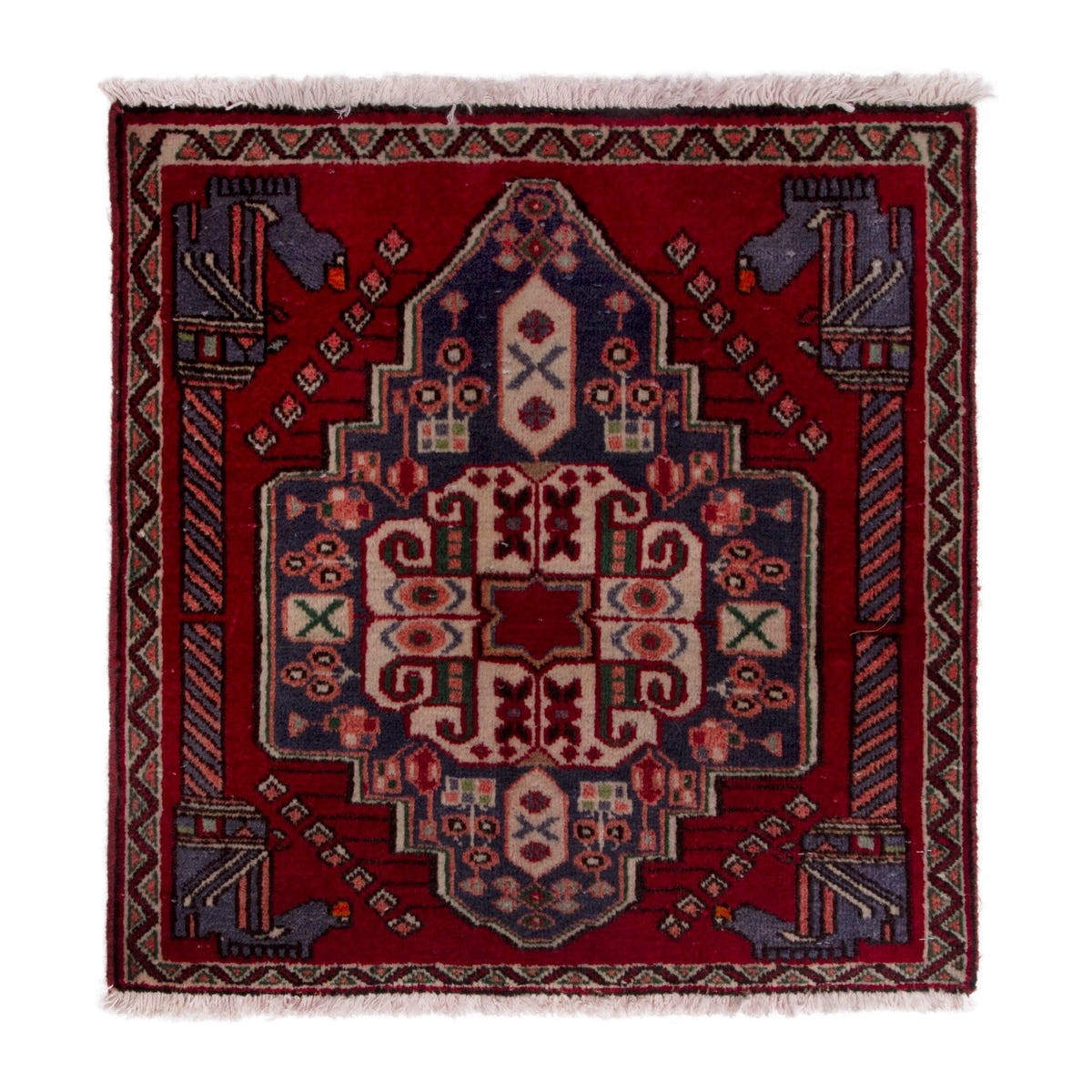 Persian Shiraz accent rug in burgundy and deep red, 2'2" x 2'2"