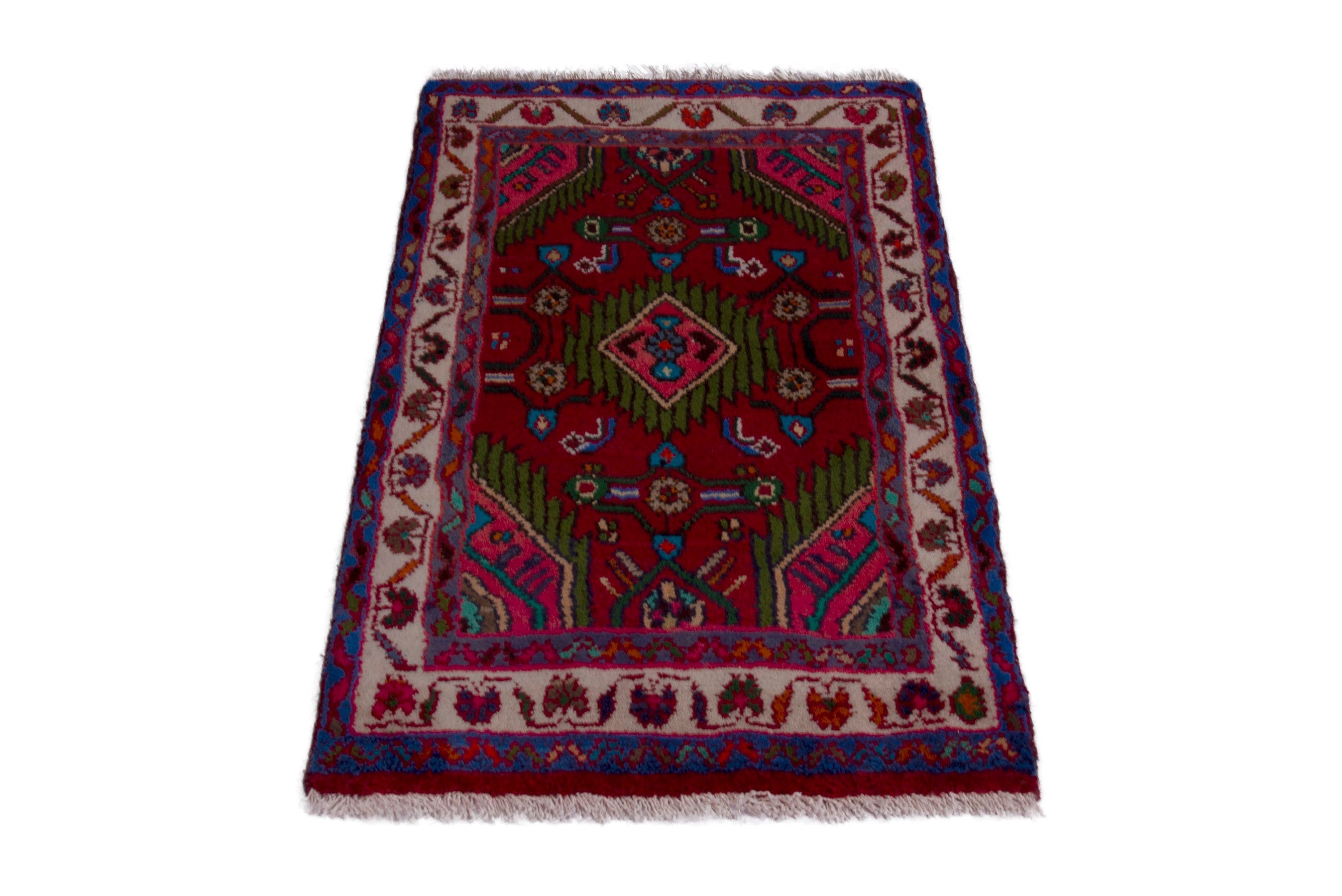 Persian Hamedan accent rug in deep red and cream, view 2 of 7