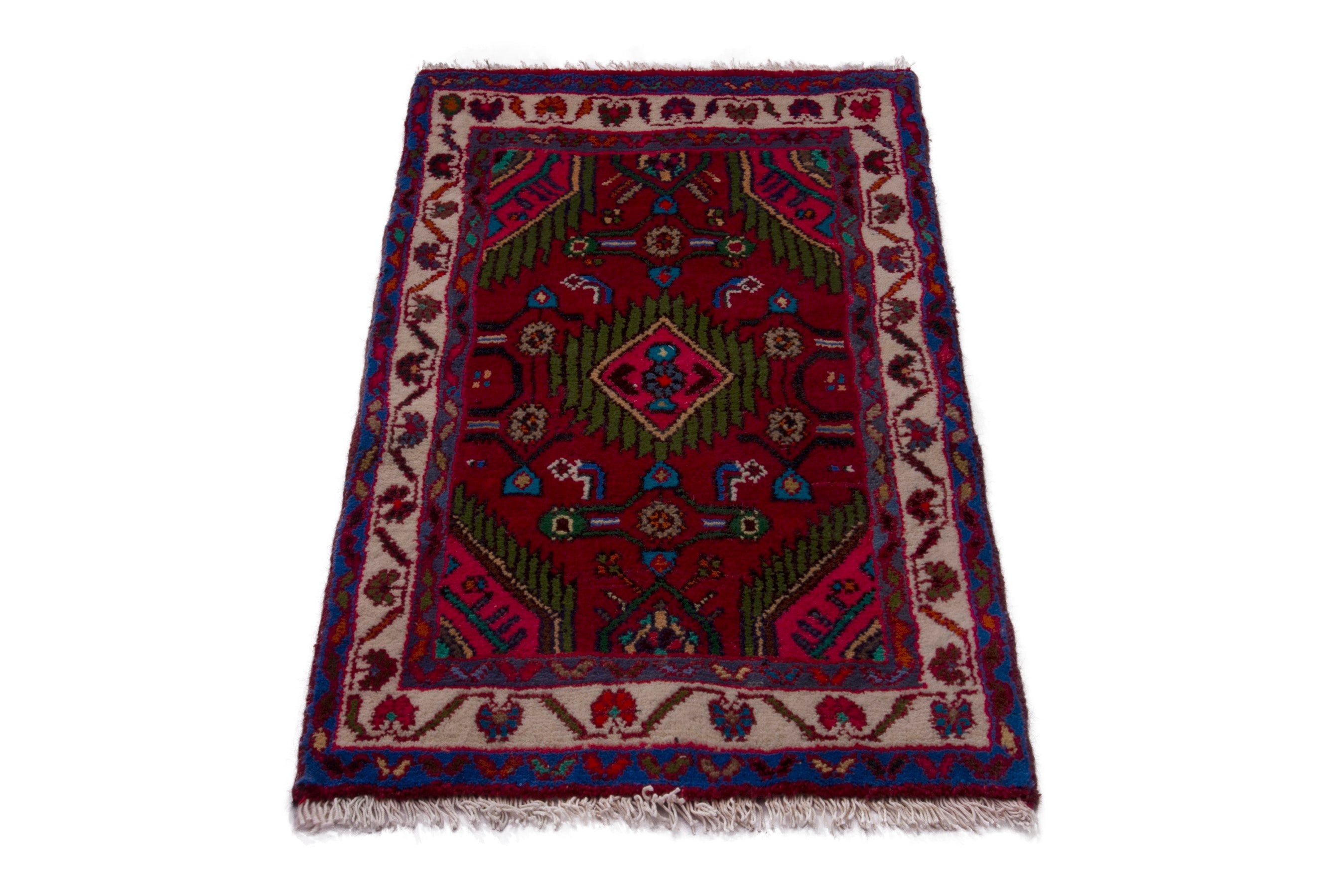 Persian Hamedan accent rug in deep red and cream, view 3 of 7