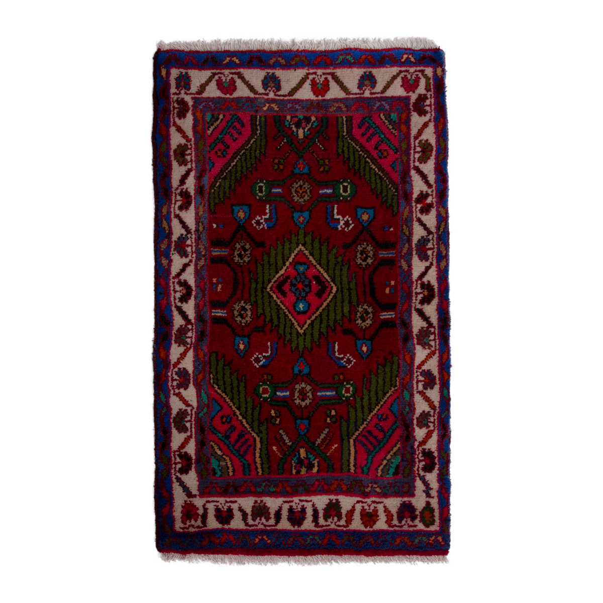 Persian Hamedan accent rug in deep red and cream, 1'10" x 3'1"