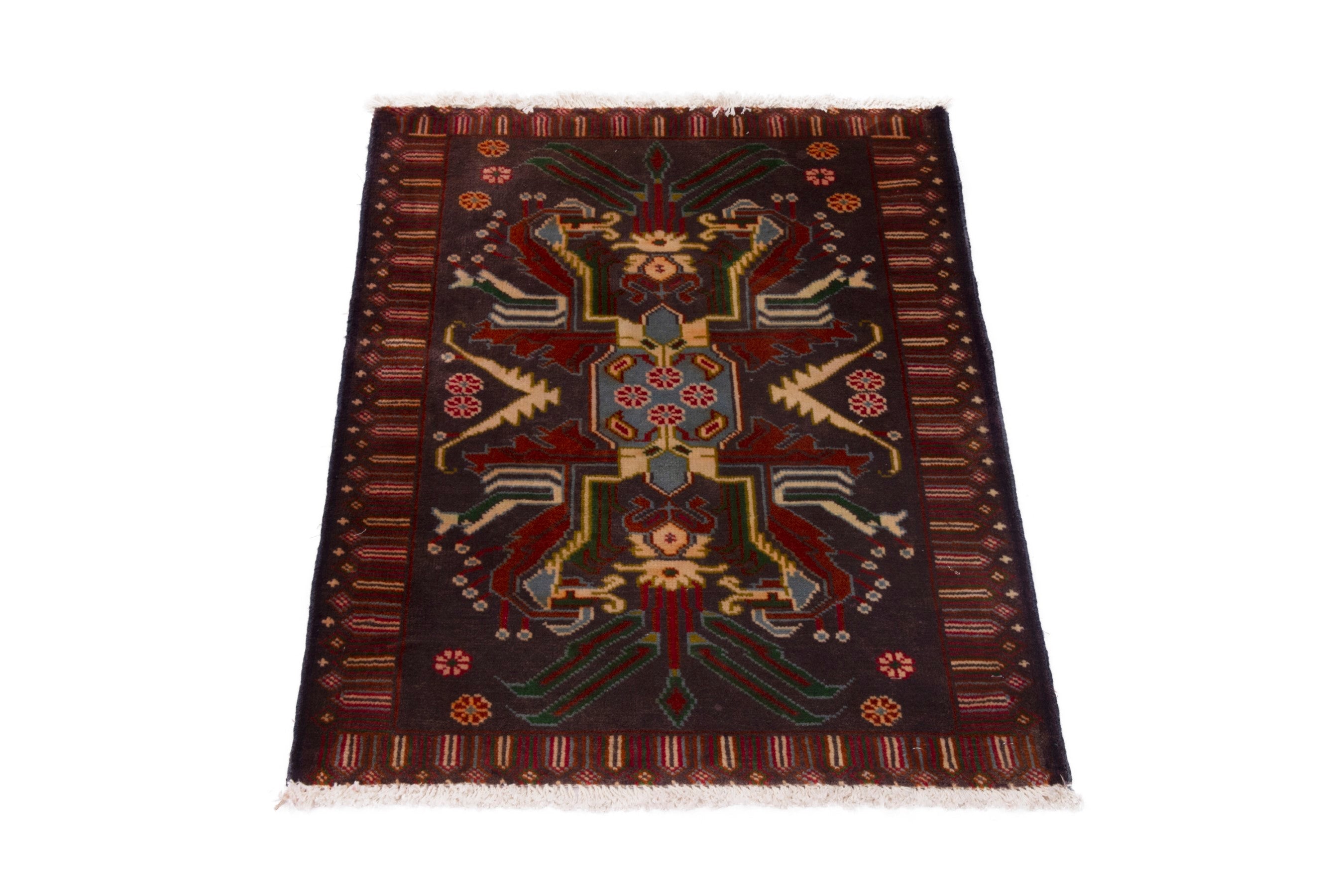 Persian Torkaman accent rug in burgundy and deep red, view 3 of 7