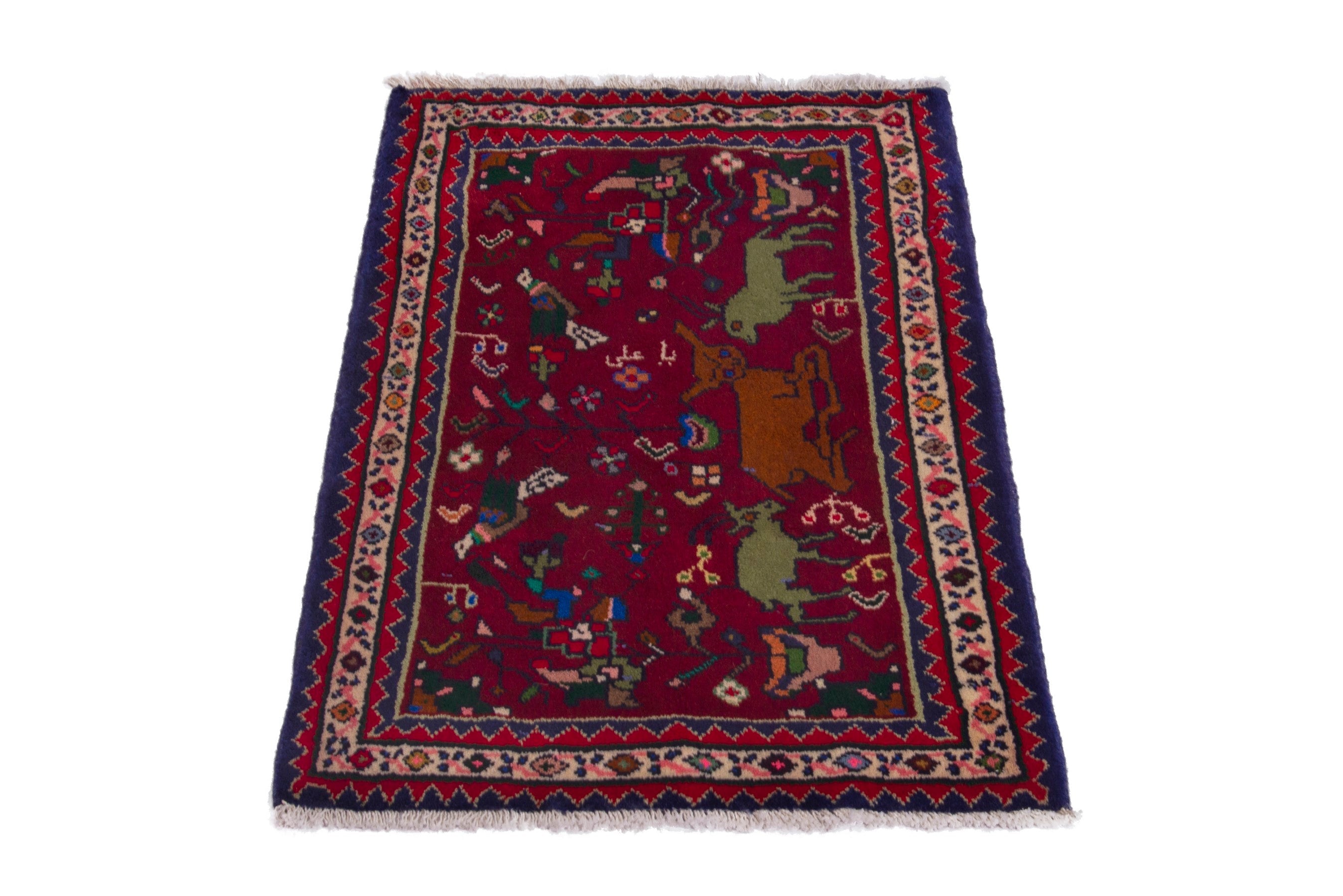 Persian Shiraz accent rug in deep red and navy, view 2 of 7