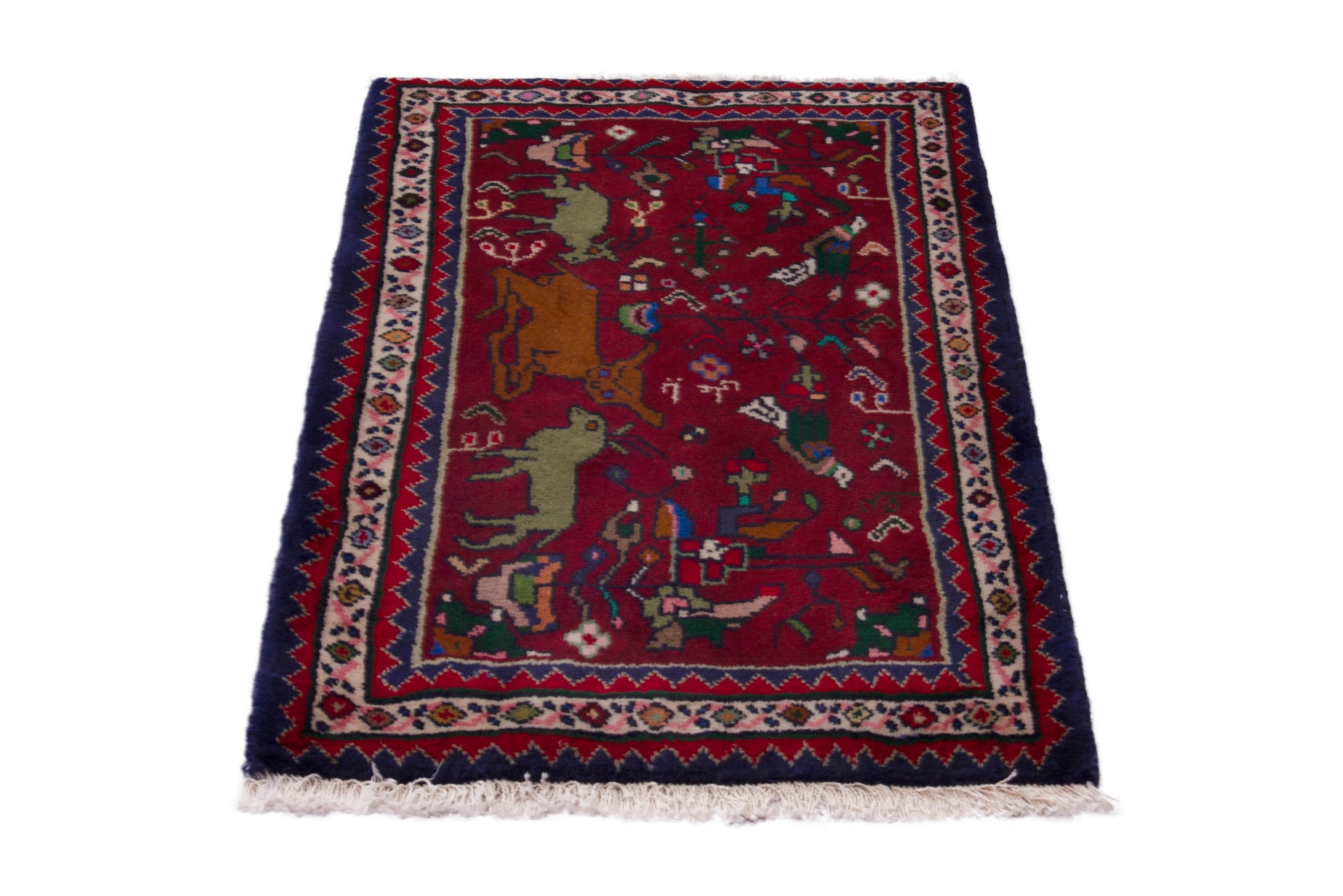 Persian Shiraz accent rug in deep red and navy, view 3 of 7