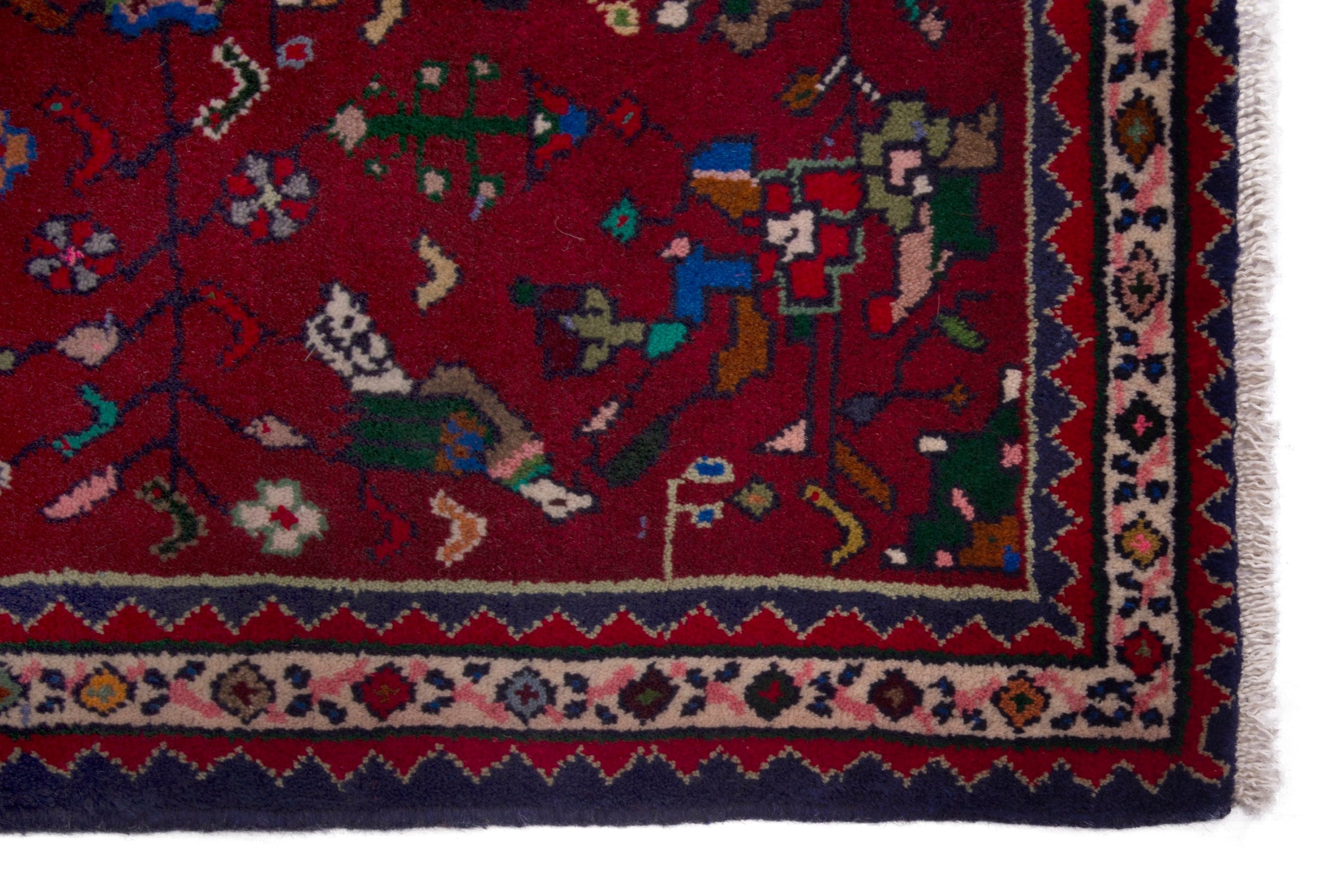 Persian Shiraz accent rug in deep red and navy, view 4 of 7