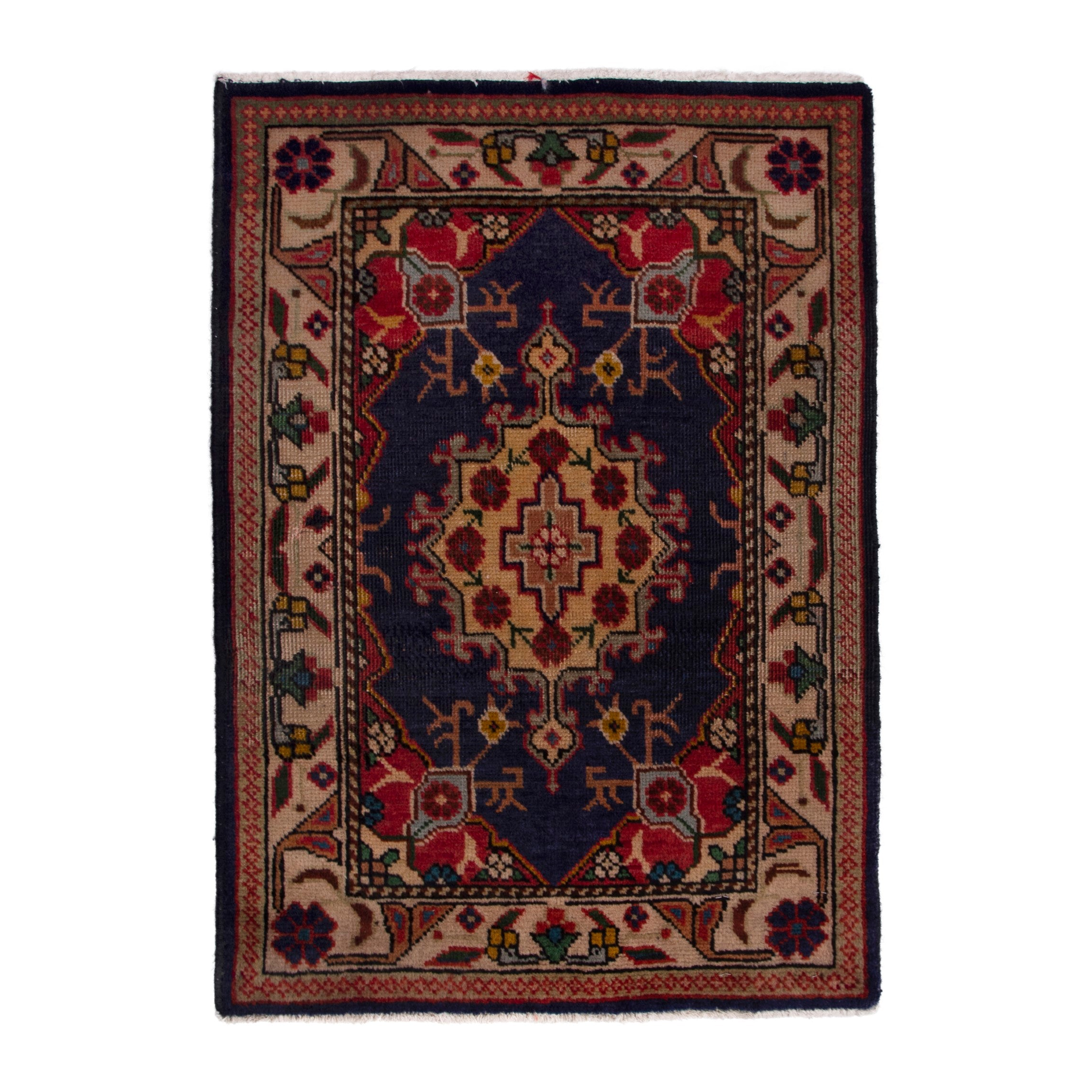 Persian Tabriz accent rug in navy and cream, 1'10" x 2'6"