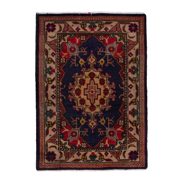 Persian Tabriz accent rug in navy and cream, 1'10" x 2'6"