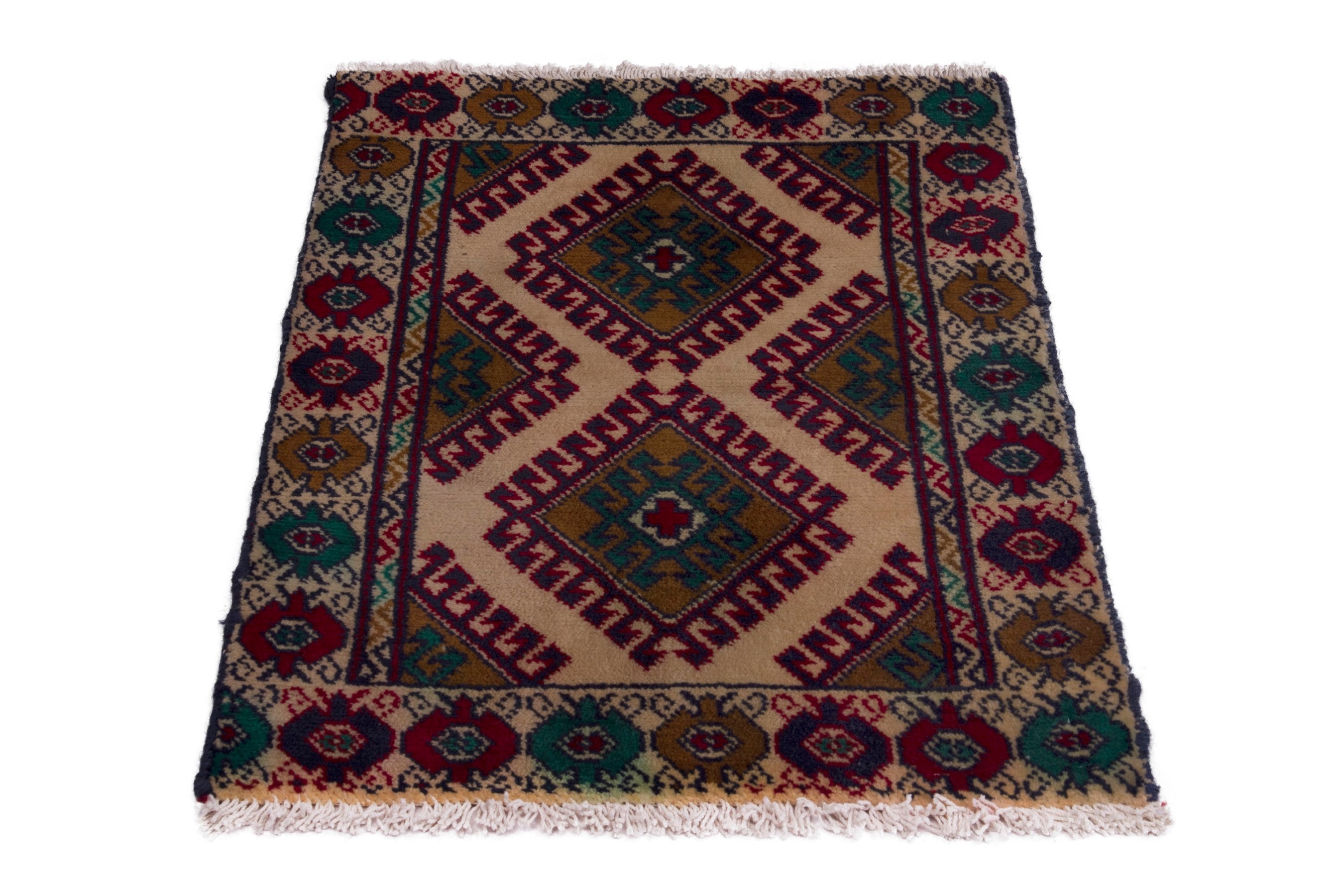 Persian Torkaman accent rug in cream and burgundy, view 2 of 7
