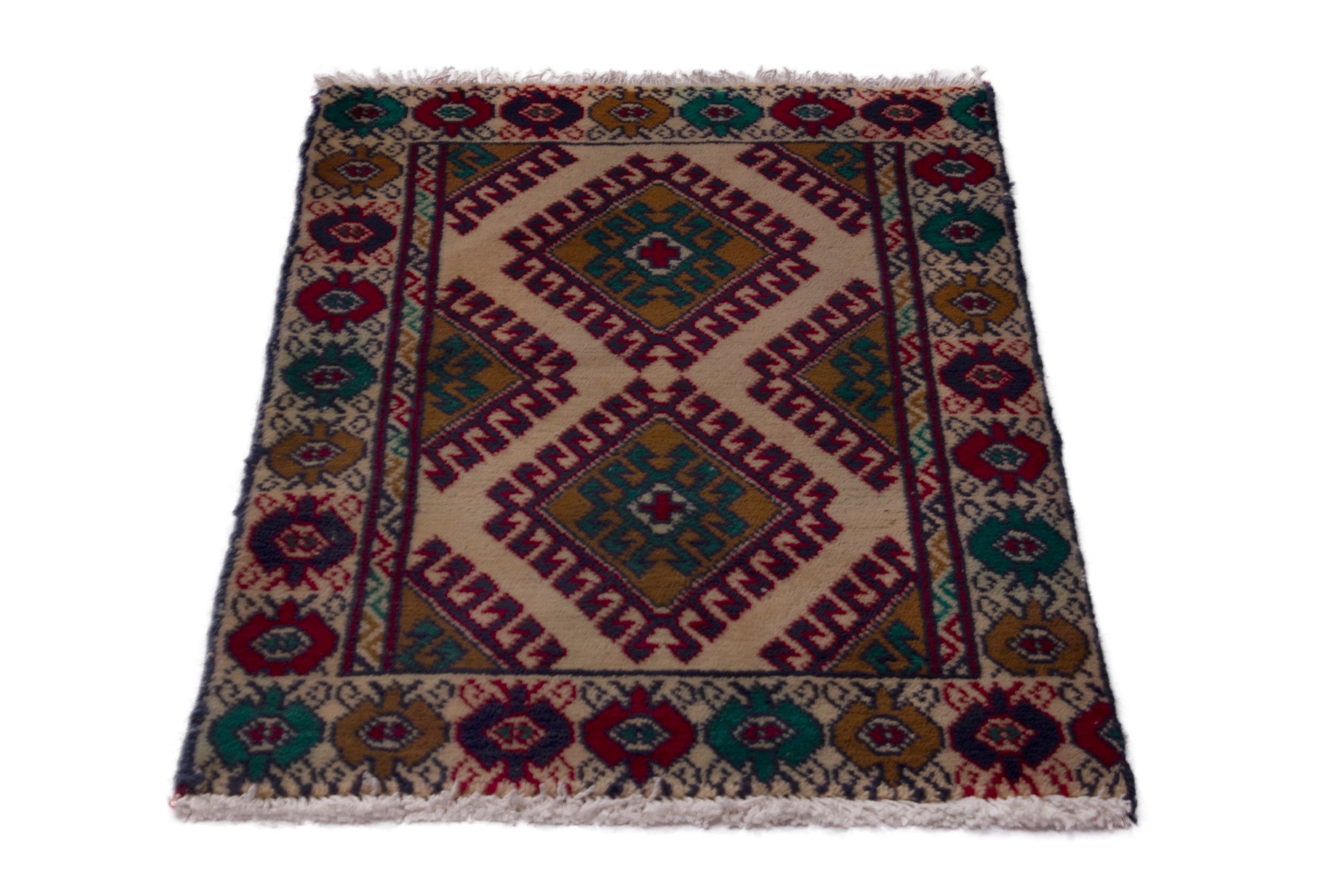 Persian Torkaman accent rug in cream and burgundy, view 3 of 7