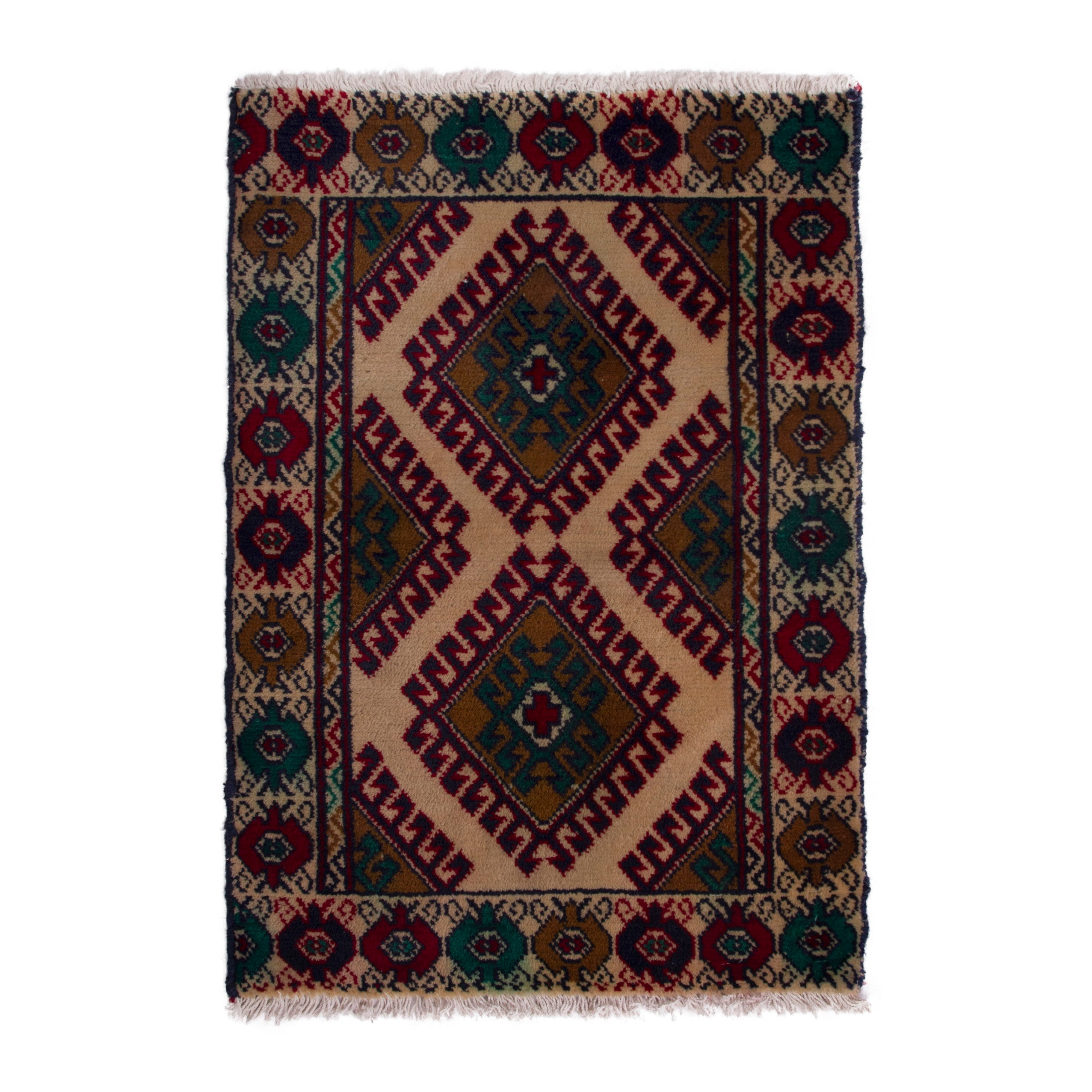 Persian Torkaman accent rug in cream and burgundy, 1'11" x 2'9"
