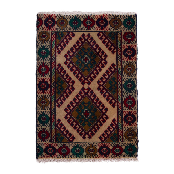 Persian Torkaman accent rug in cream and burgundy, 1'11" x 2'9"