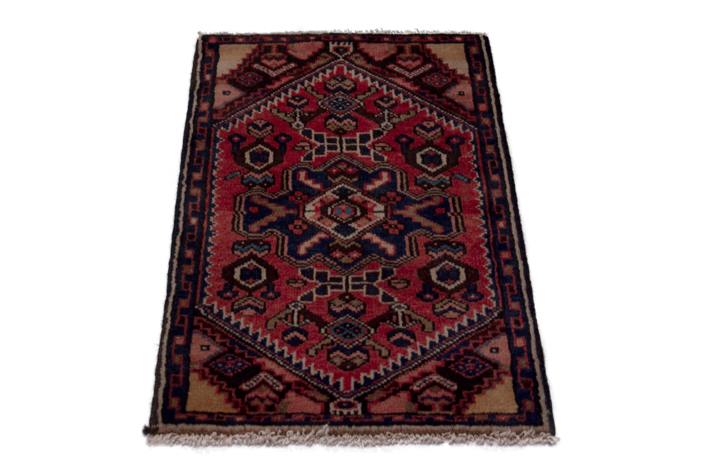 Persian Gharajeh accent rug in deep red and navy, view 3 of 6