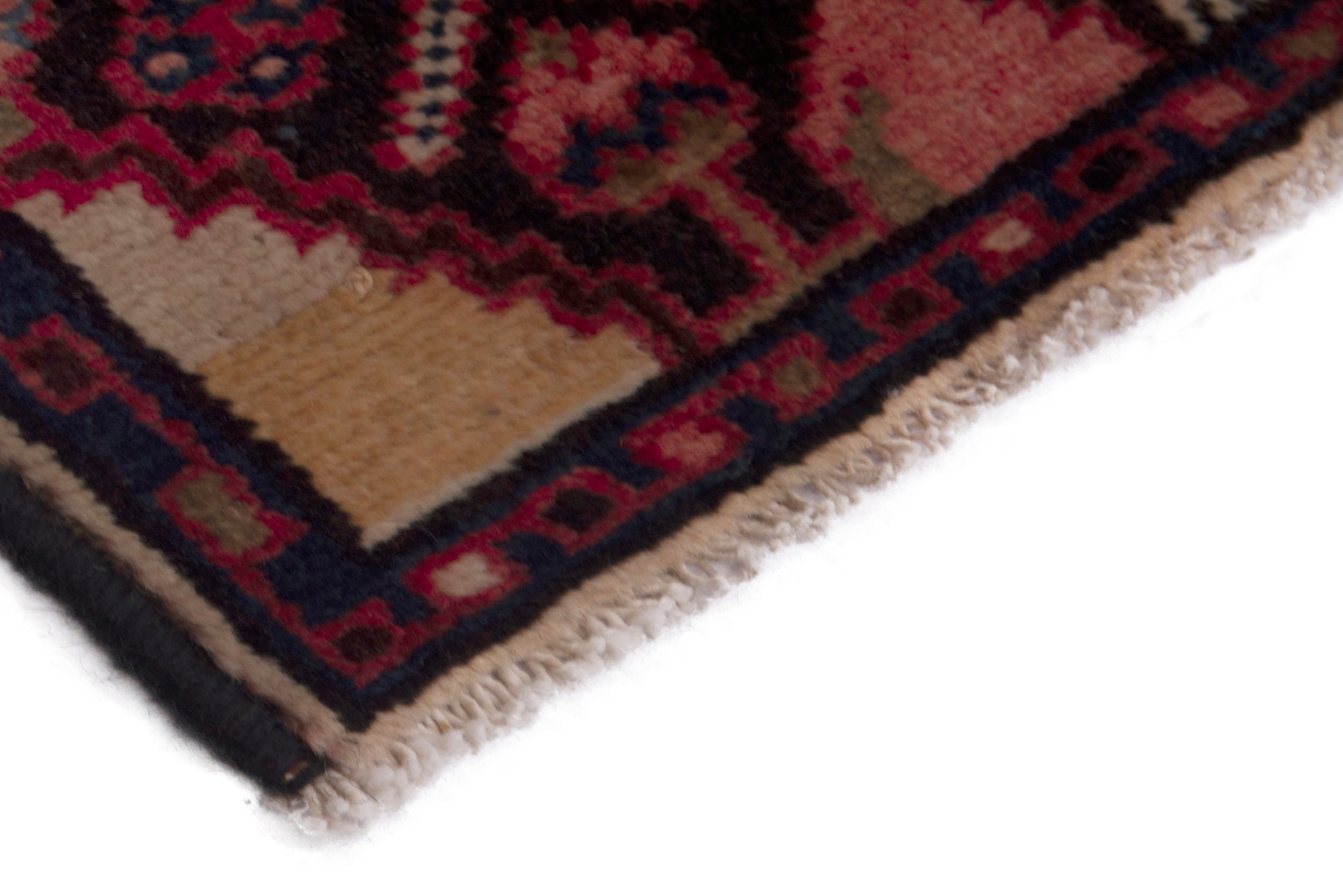 Persian Gharajeh accent rug in deep red and navy, view 5 of 6