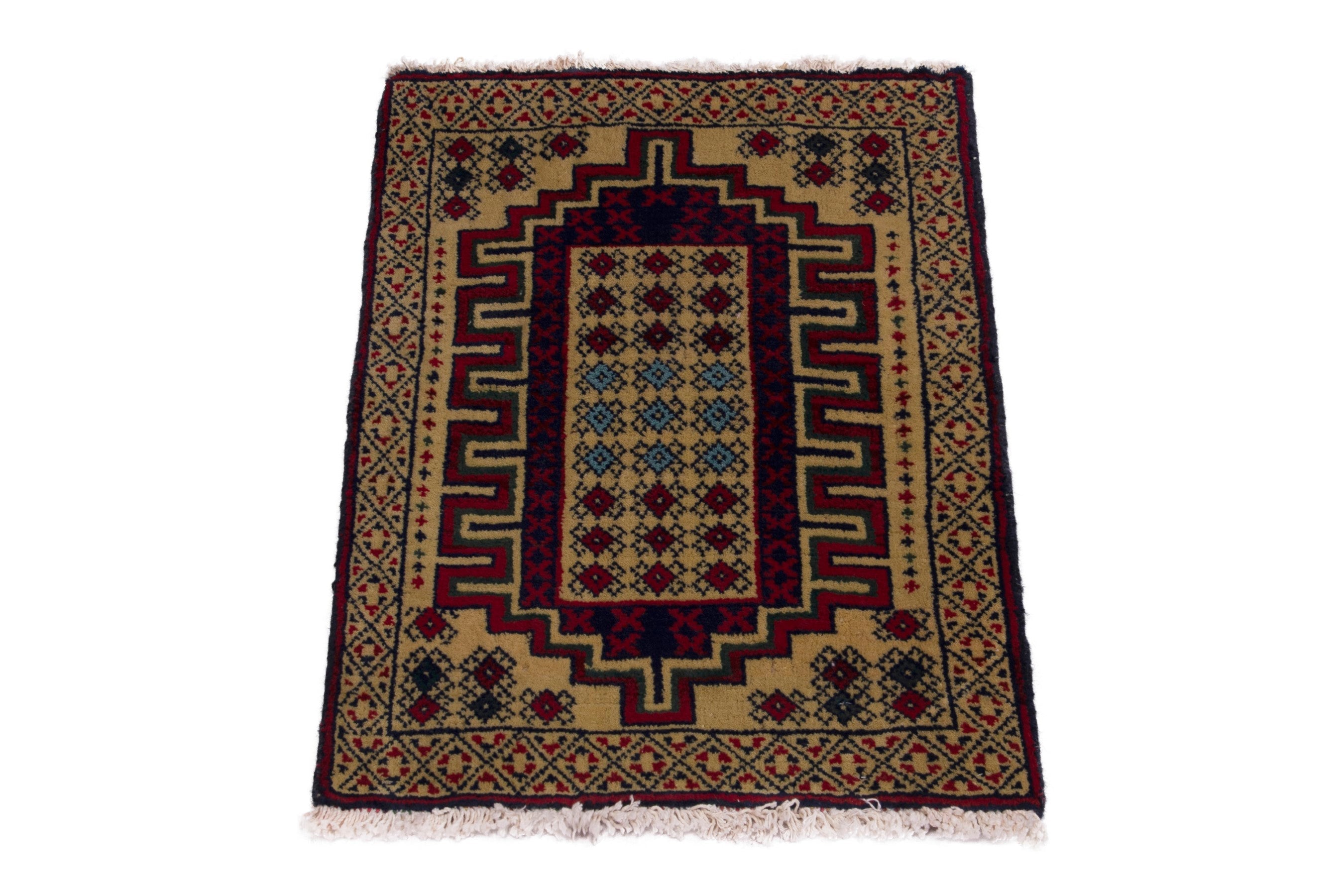 Persian Torkaman accent rug in cream and deep red, view 2 of 7