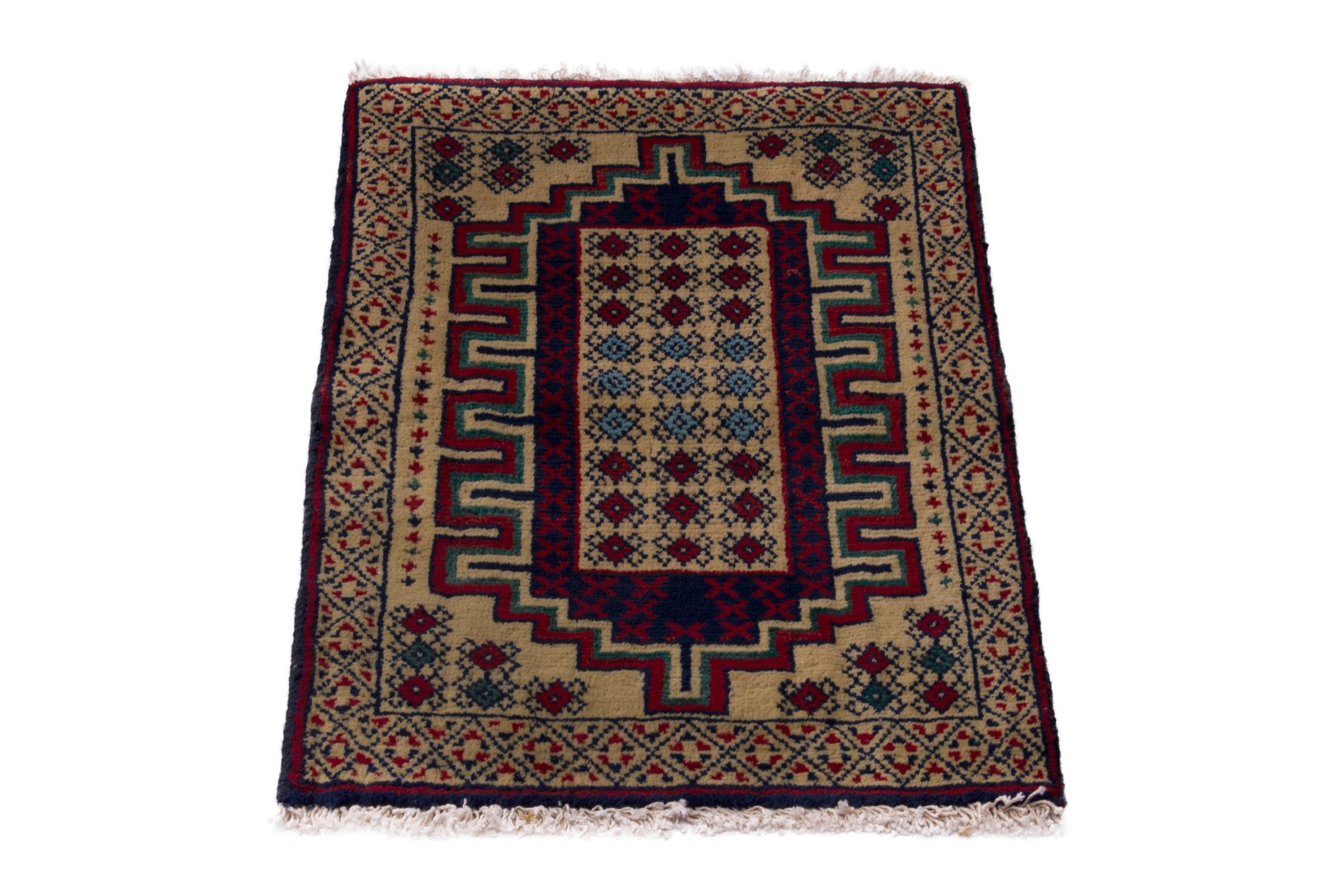 Persian Torkaman accent rug in cream and deep red, view 3 of 7