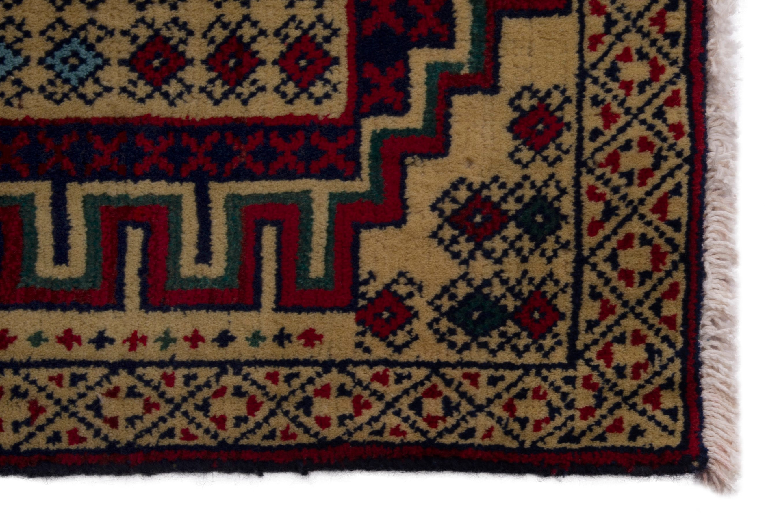 Persian Torkaman accent rug in cream and deep red, view 4 of 7