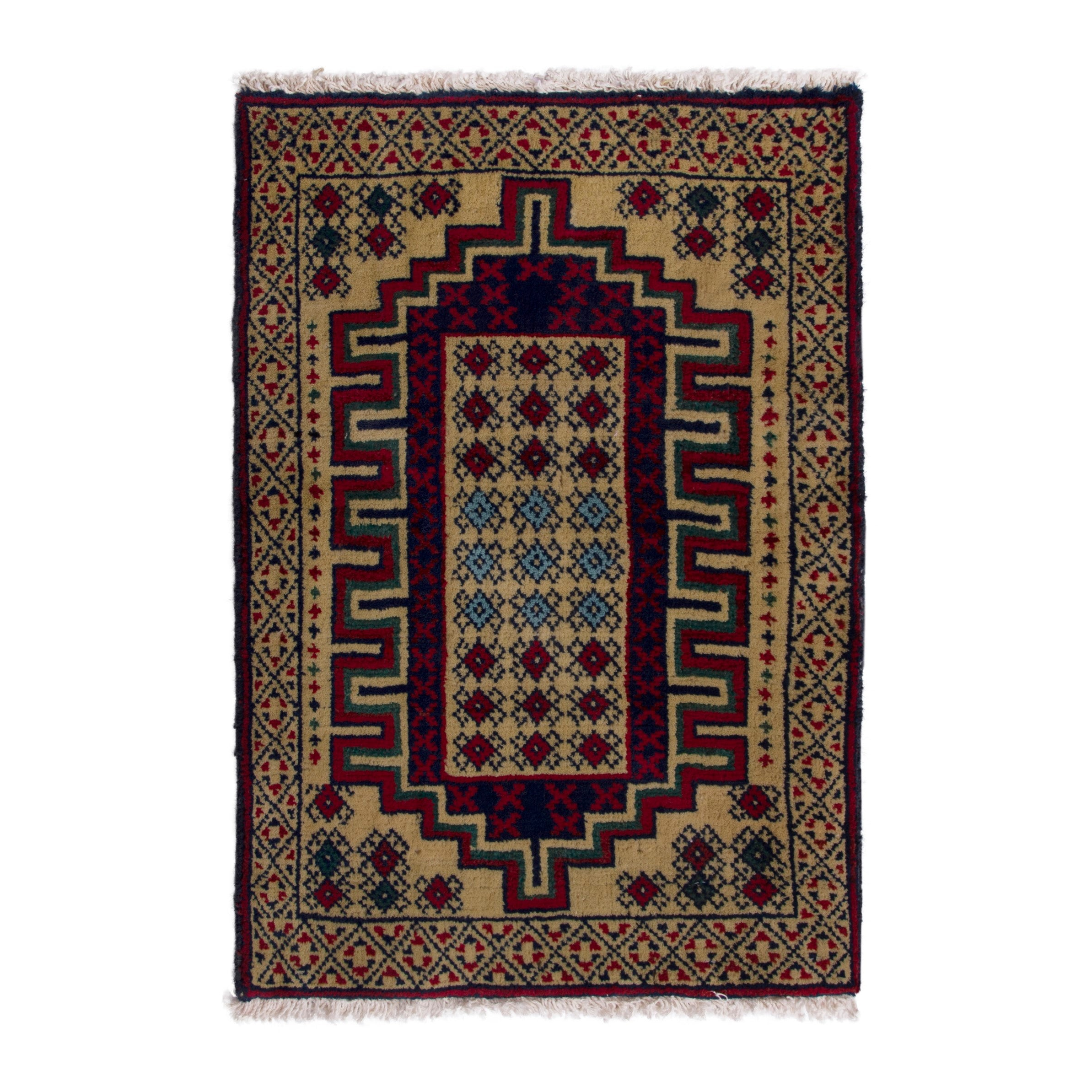 Persian Torkaman accent rug in cream and deep red, 1'10" x 2'7"