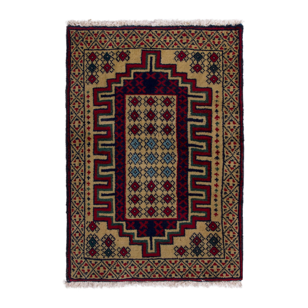 Persian Torkaman accent rug in cream and deep red, 1'10" x 2'7"