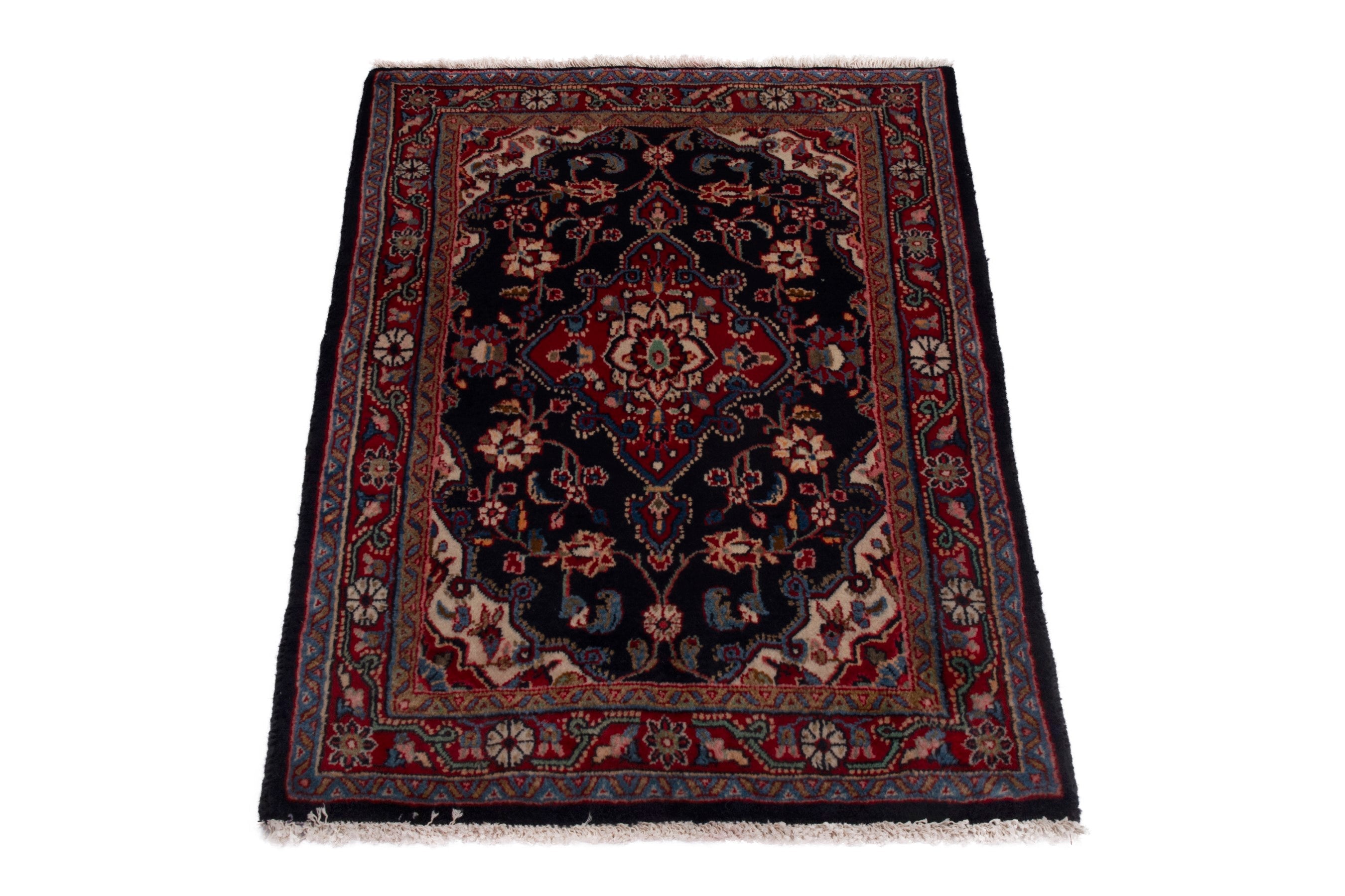 Persian Mahal accent rug in navy and burgundy, view 2 of 7