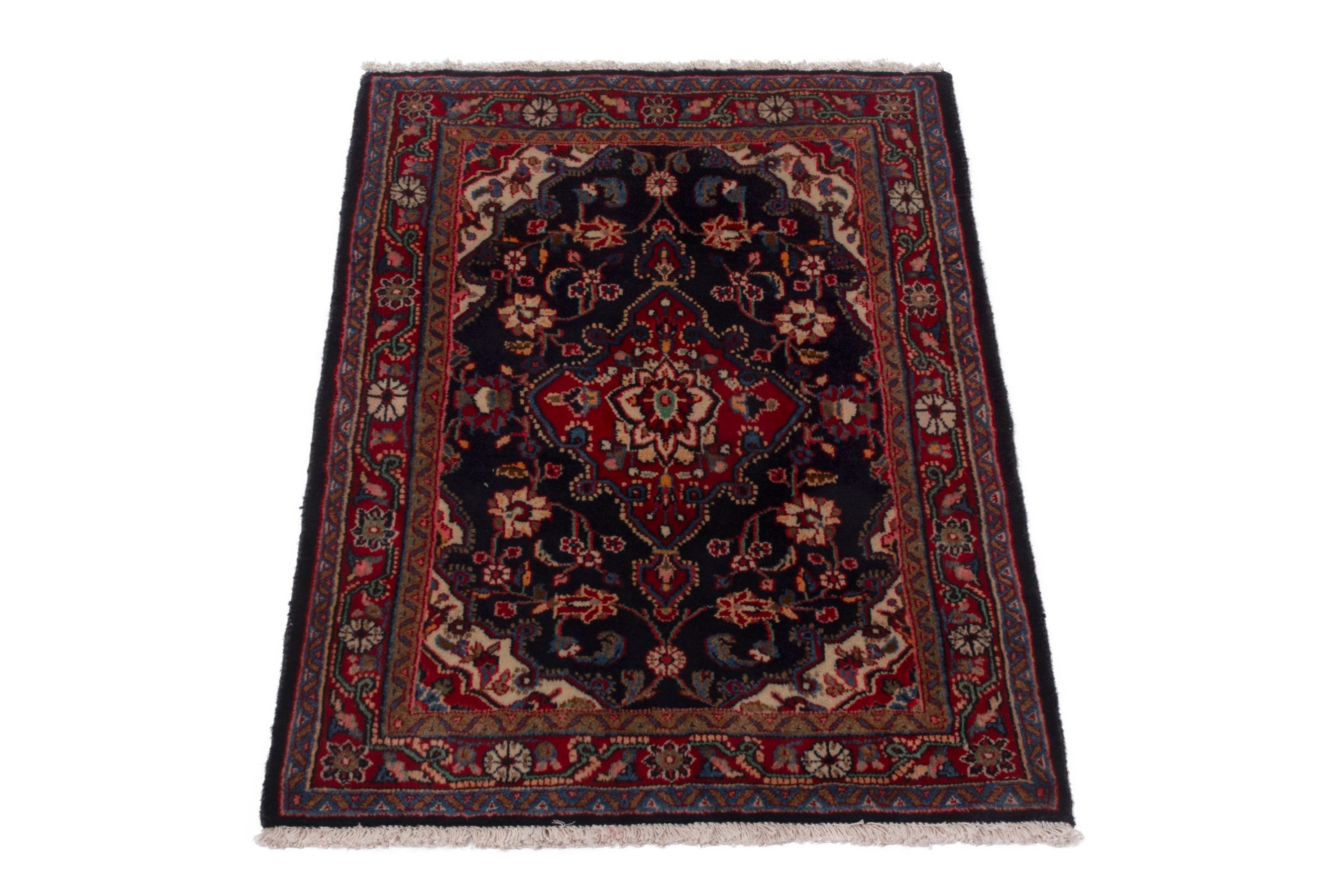 Persian Mahal accent rug in navy and burgundy, view 3 of 7