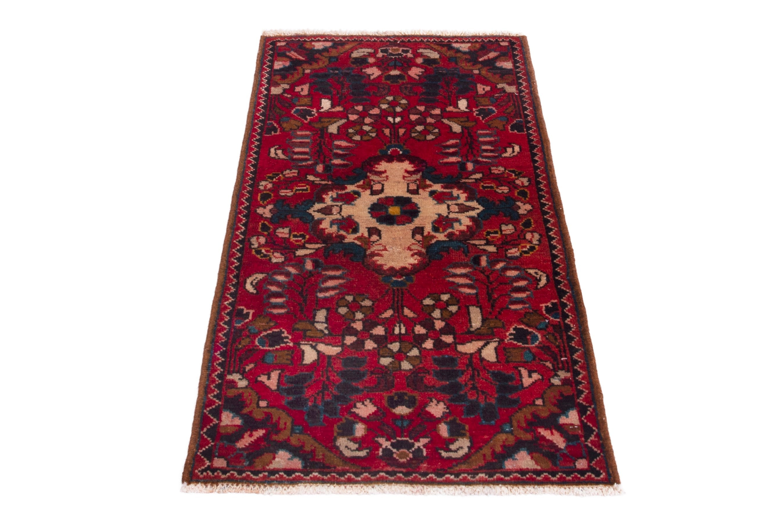 Persian Hamedan accent rug in deep red and navy, view 2 of 7