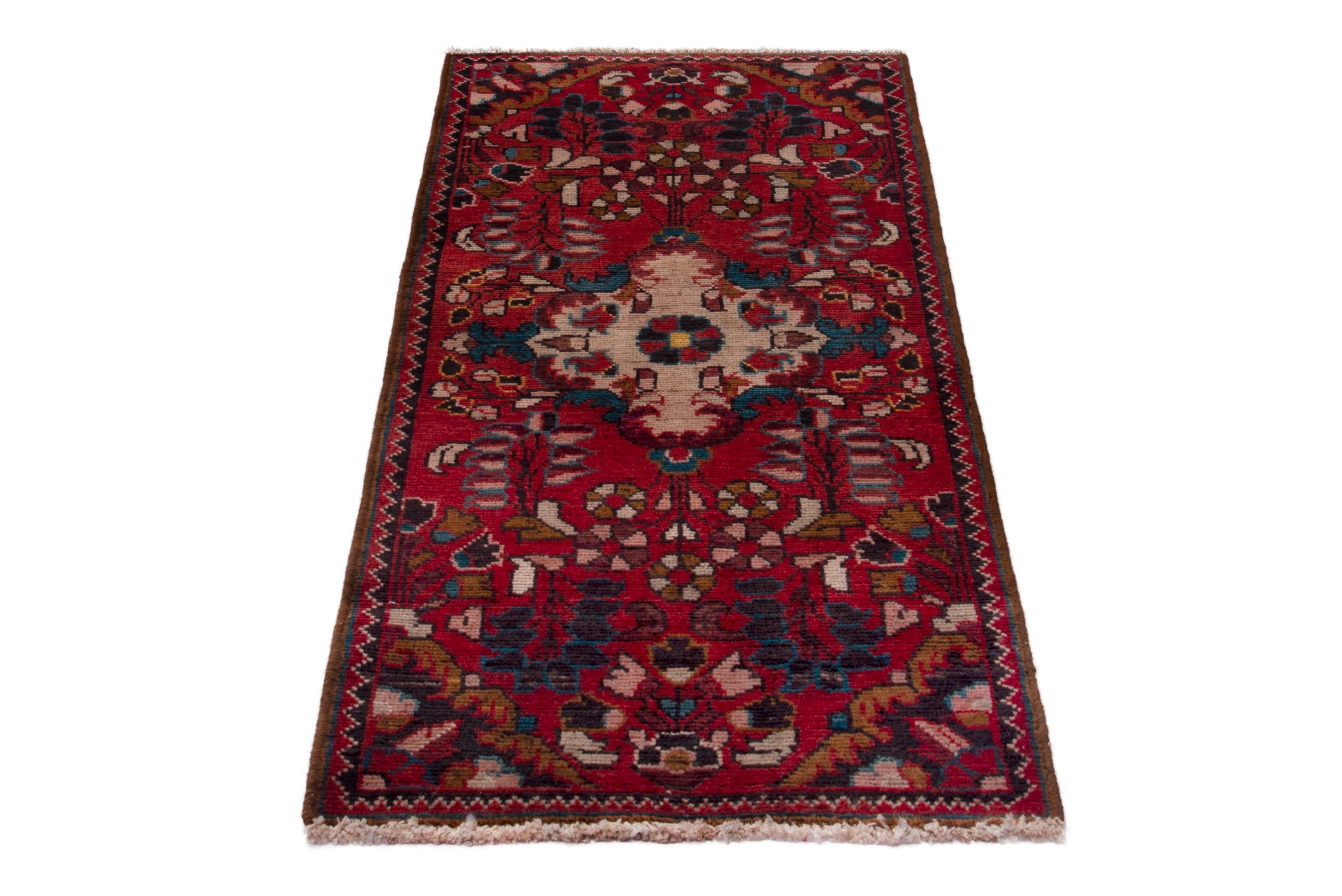 Persian Hamedan accent rug in deep red and navy, view 3 of 7