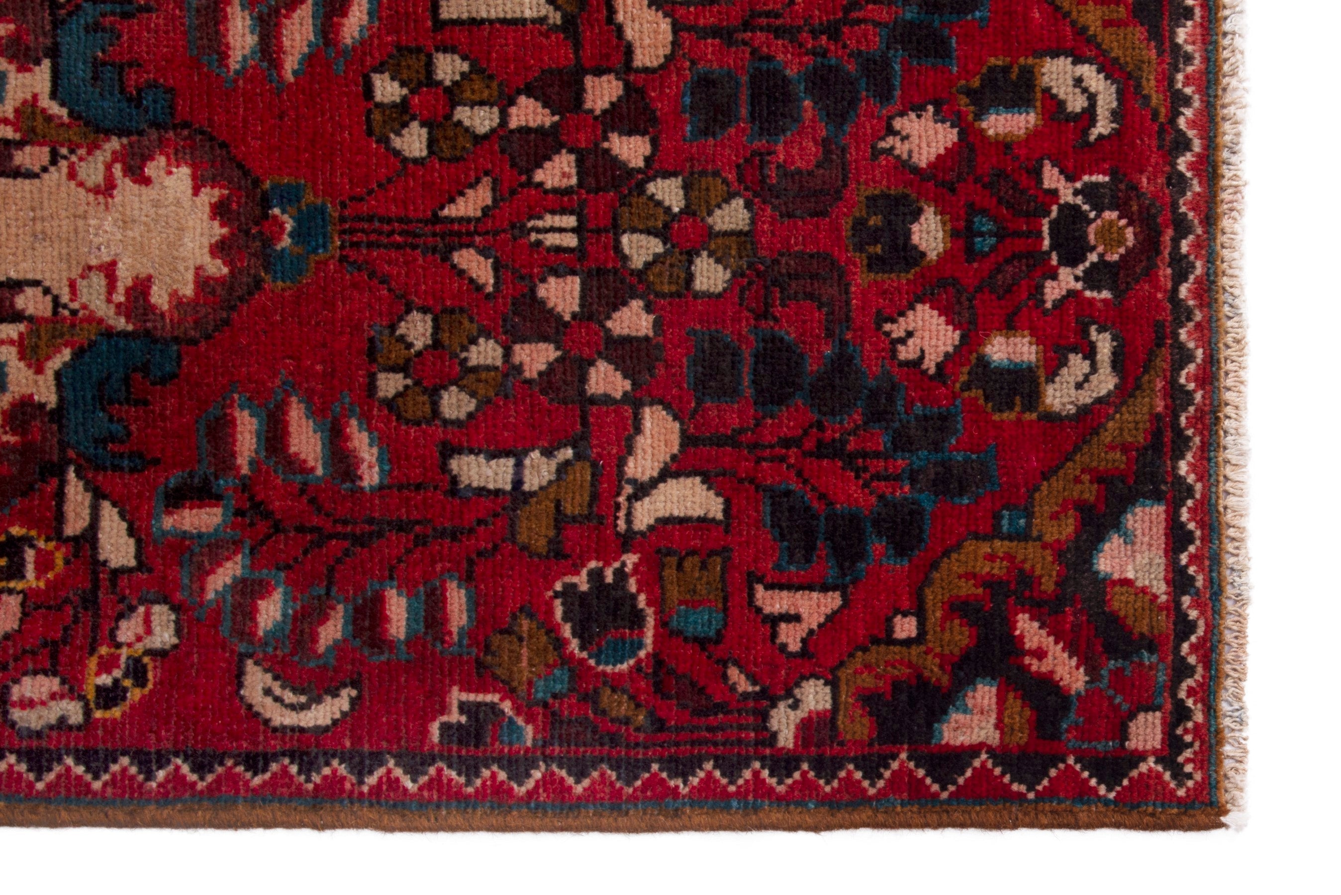 Persian Hamedan accent rug in deep red and navy, view 4 of 7