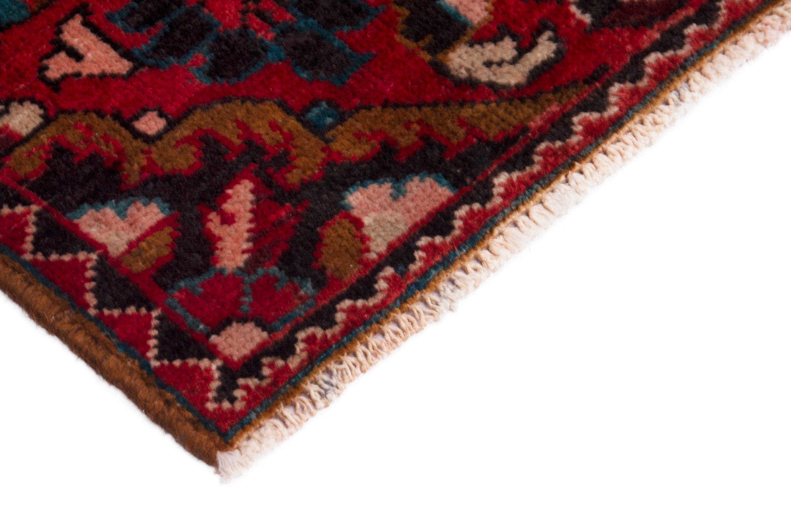 Persian Hamedan accent rug in deep red and navy, view 5 of 7