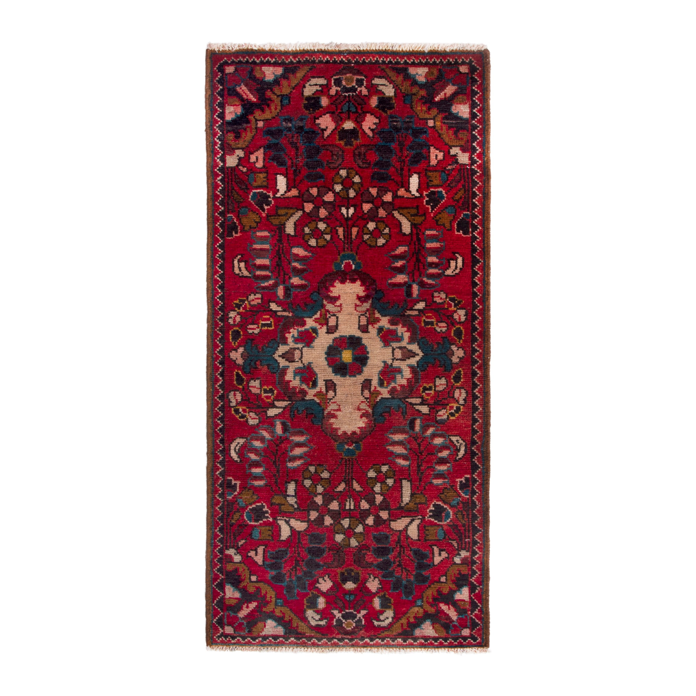 Persian Hamedan accent rug in deep red and navy, 1'10" x 3'11"