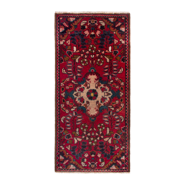 Persian Hamedan accent rug in deep red and navy, 1'10" x 3'11"
