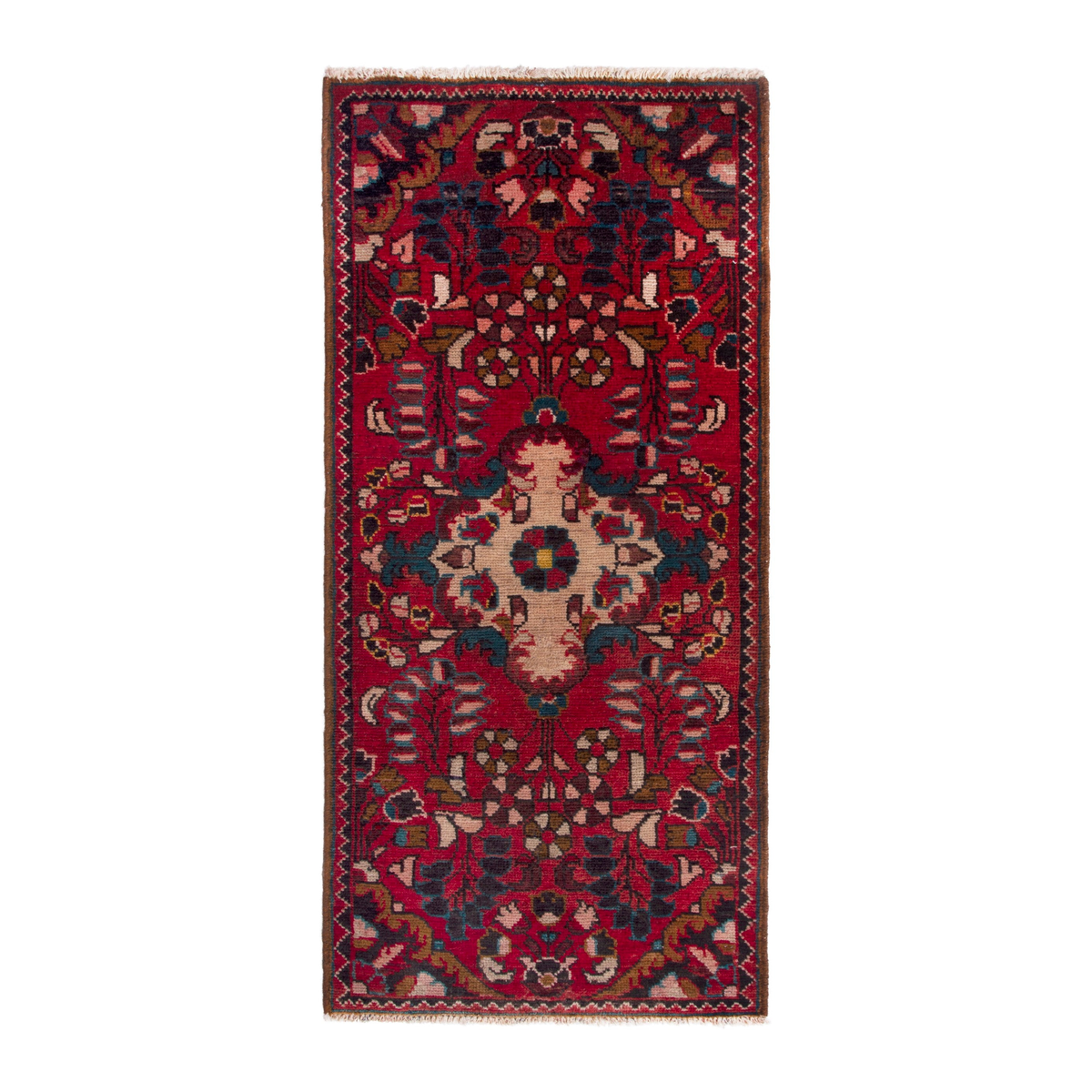 Persian Hamedan accent rug in deep red and navy, 1'10" x 3'11"