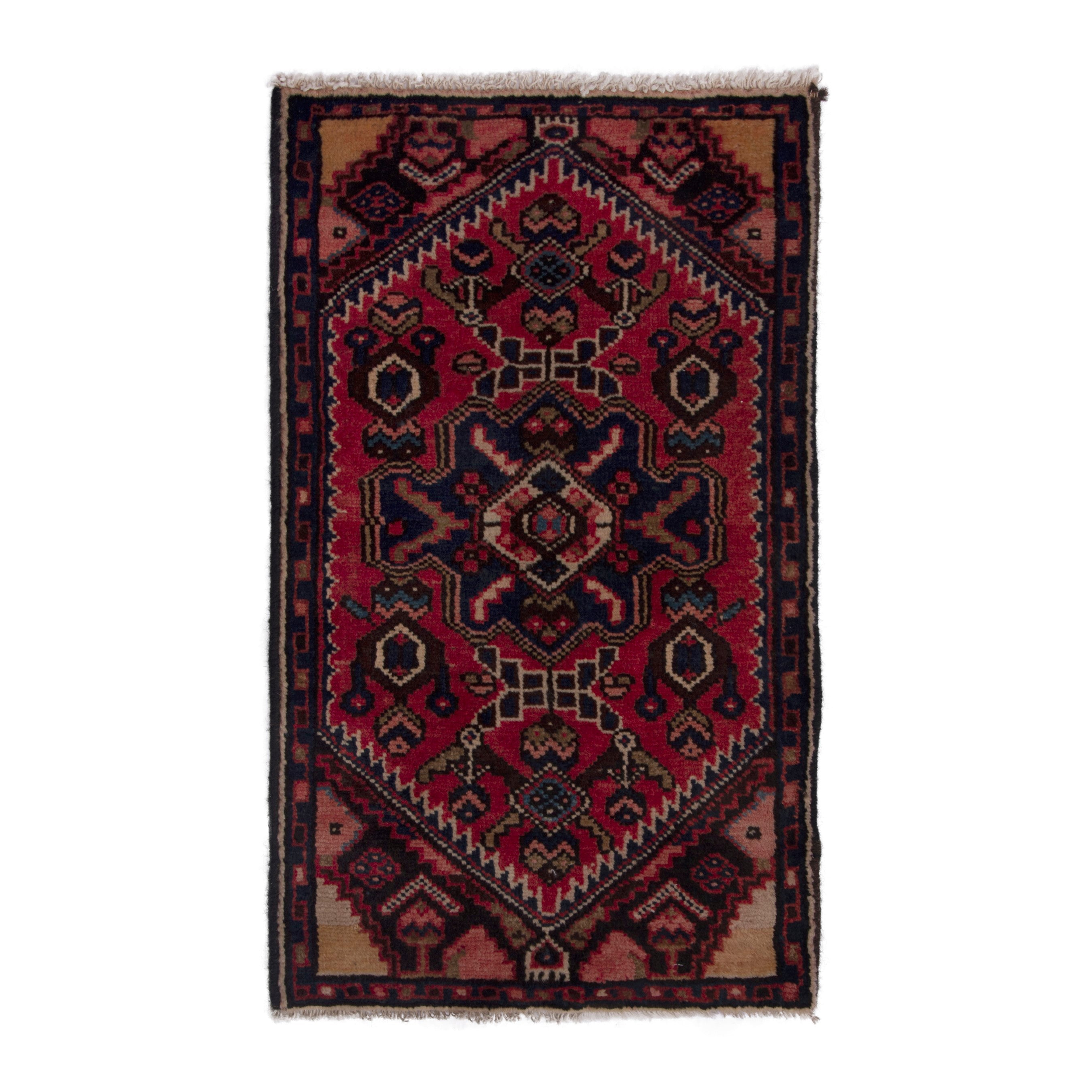 Persian Gharajeh accent rug in deep red and navy, 1'6" x 2'6"