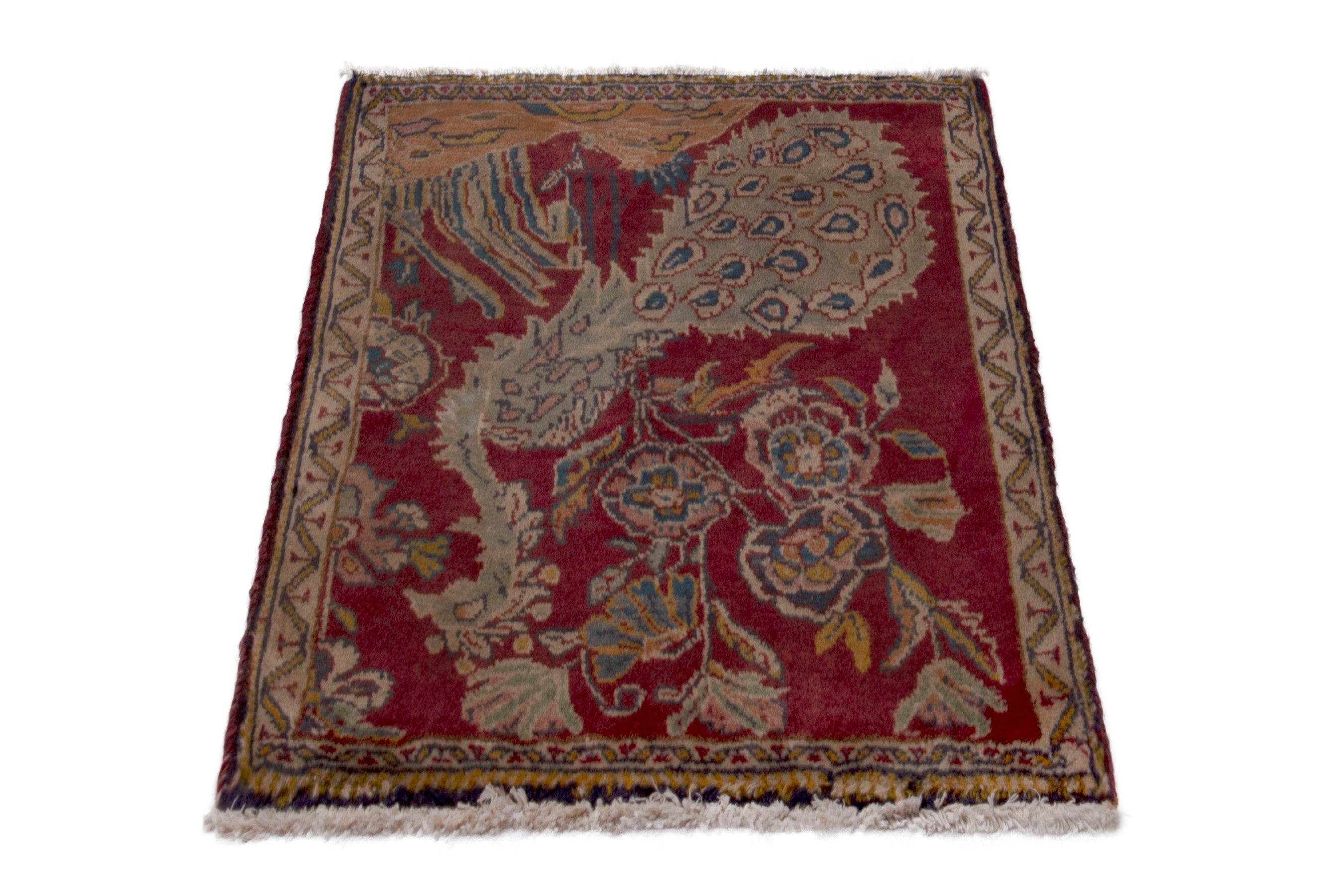 Persian Shiraz accent rug in deep red and tan, view 3 of 7