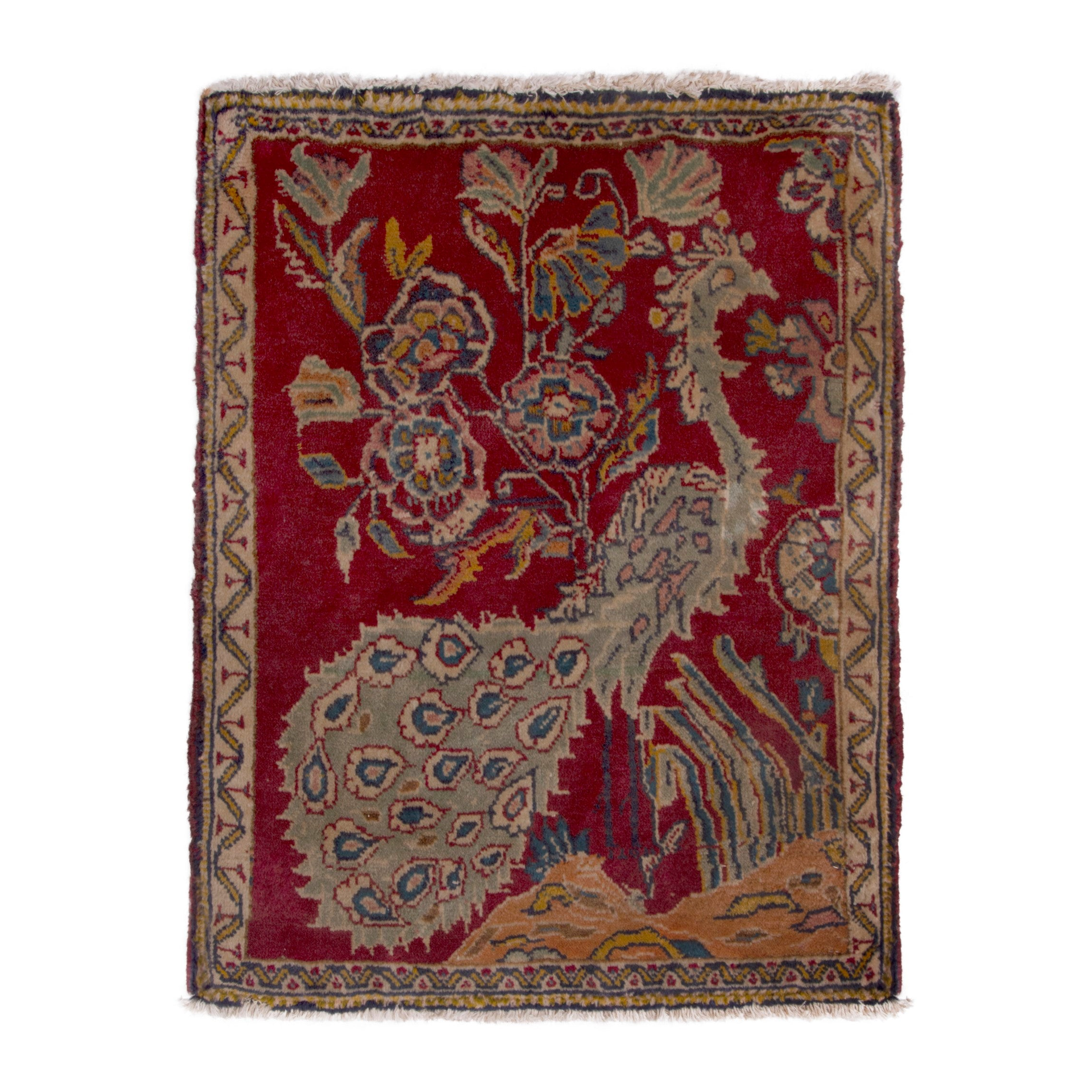 Persian Shiraz accent rug in deep red and tan, 1'10" x 2'2"