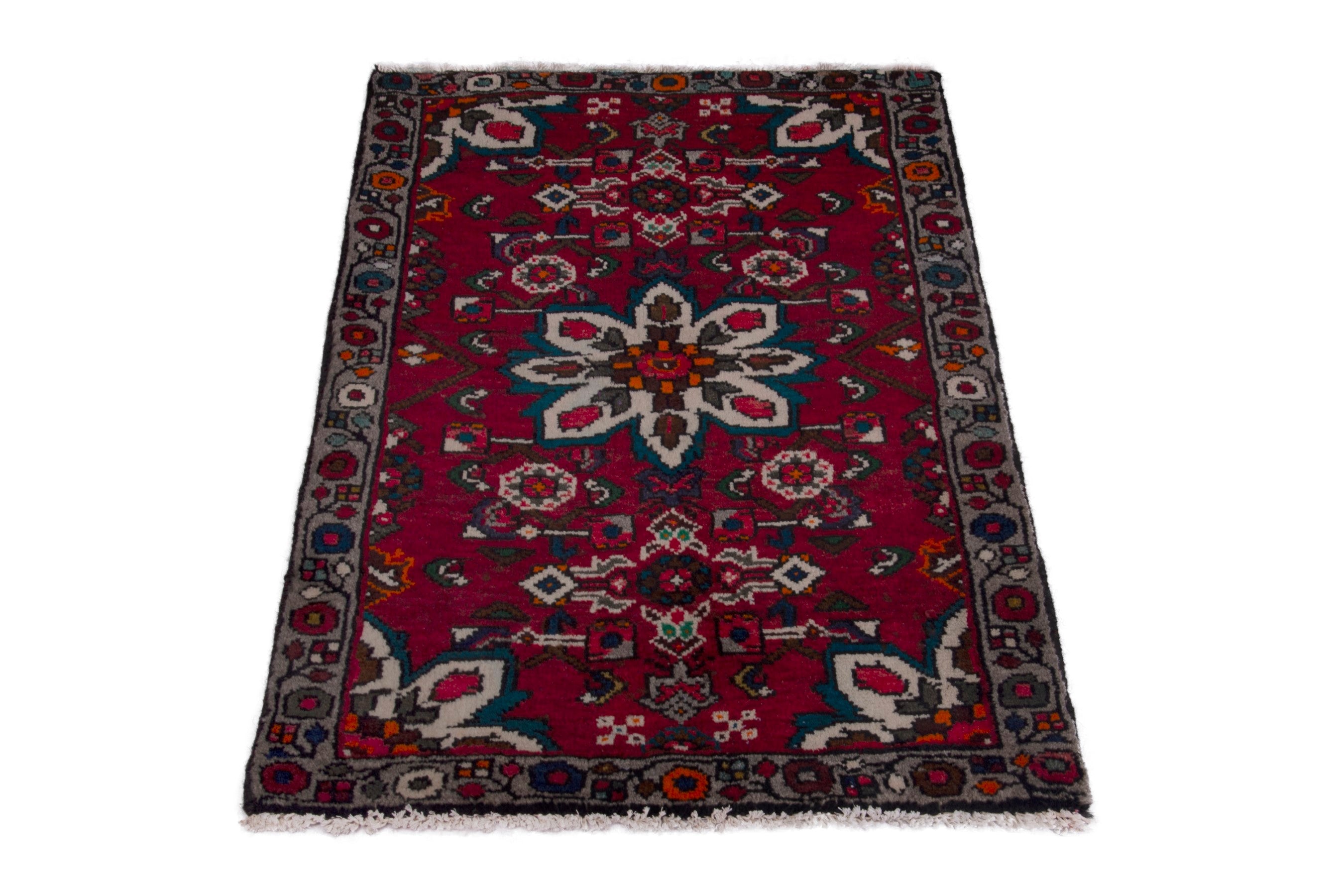 Persian Hamedan accent rug in burgundy and dark blue, view 2 of 7