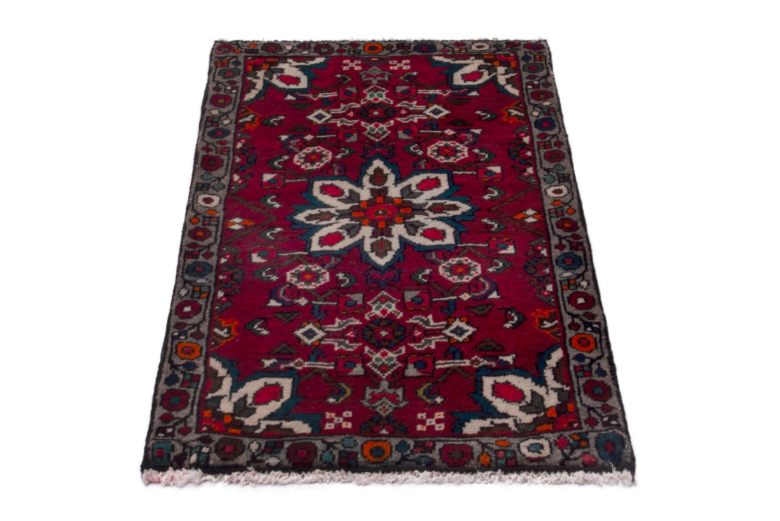 Persian Hamedan accent rug in burgundy and dark blue, view 3 of 7
