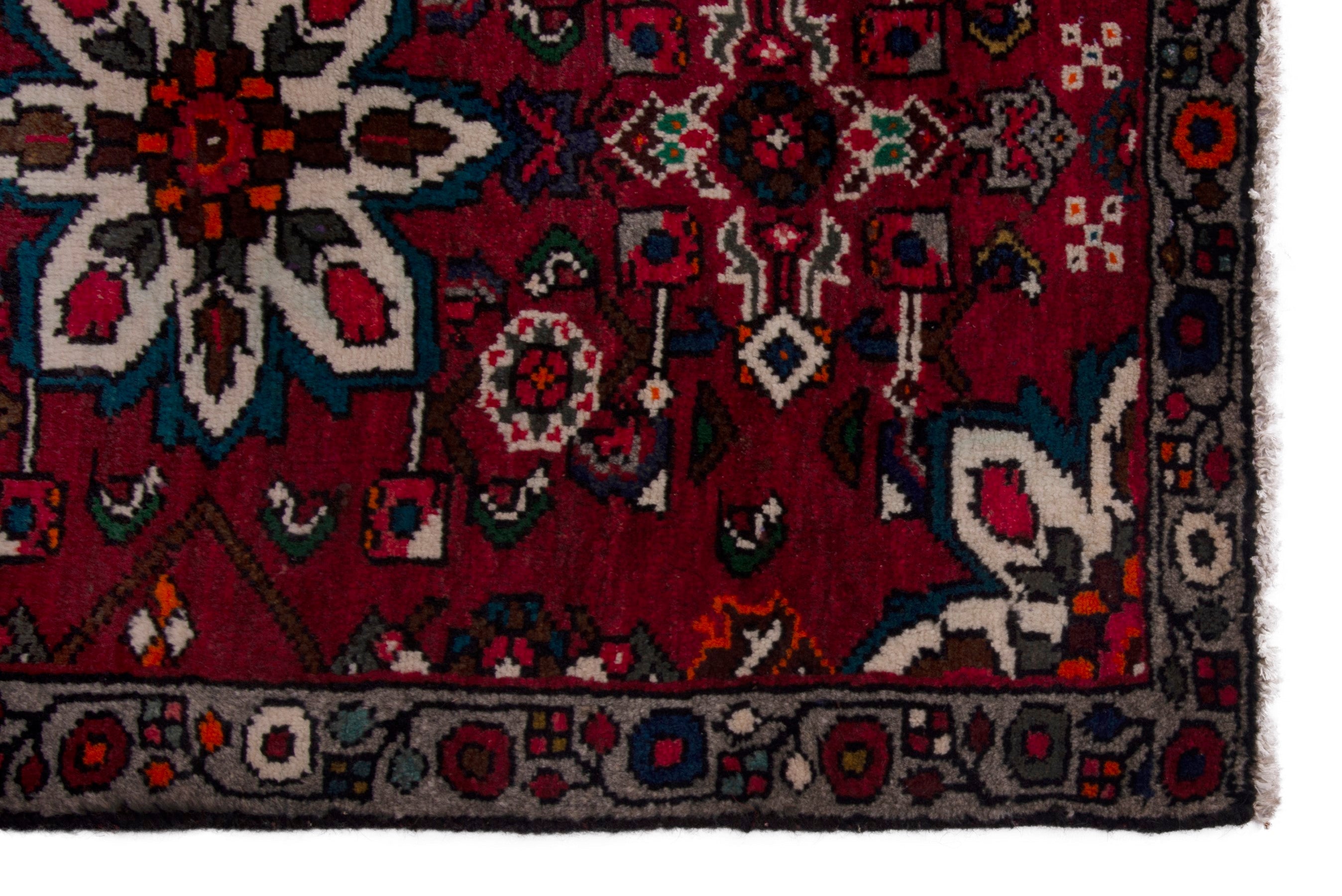 Persian Hamedan accent rug in burgundy and dark blue, view 4 of 7
