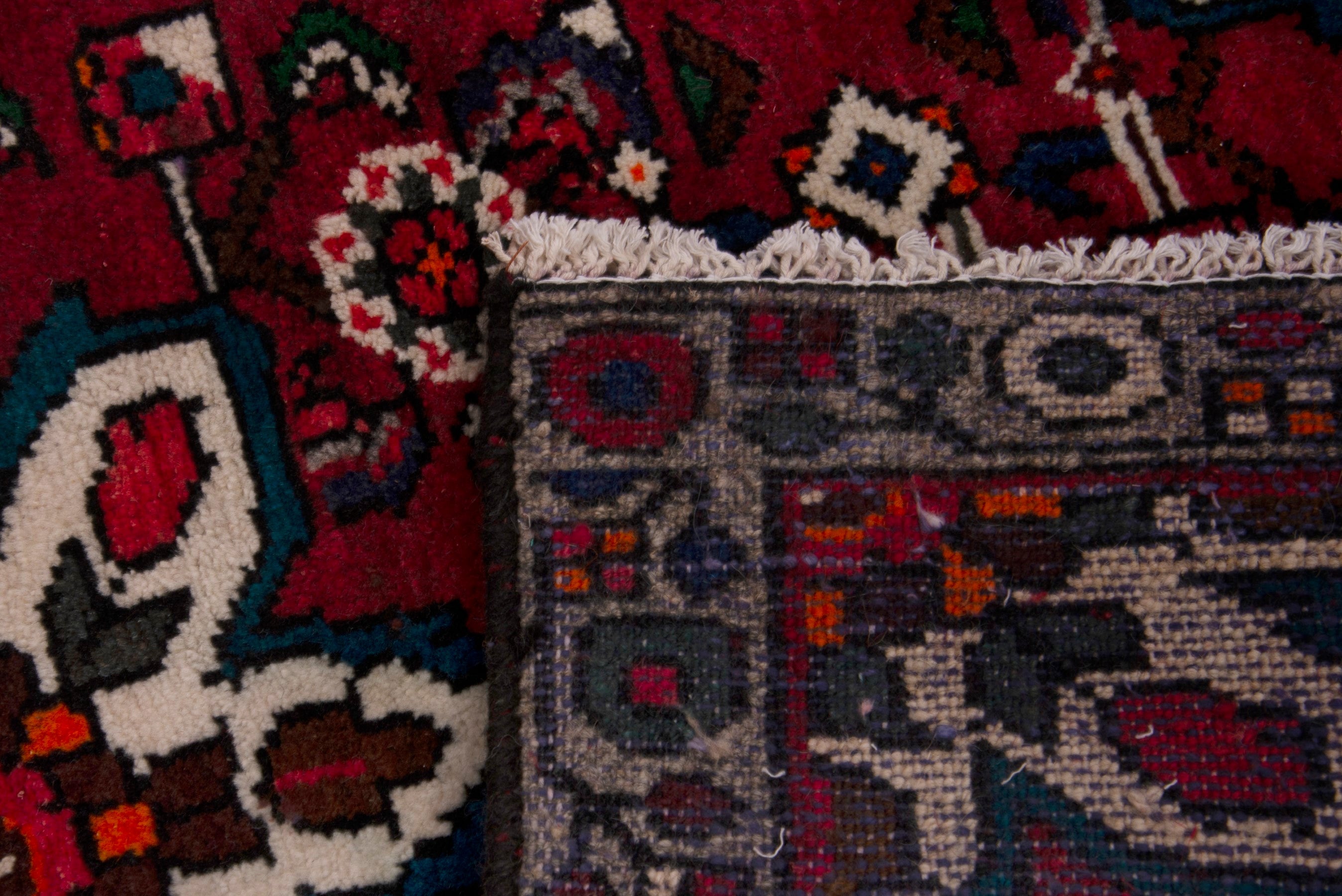Persian Hamedan accent rug in burgundy and dark blue, view 7 of 7