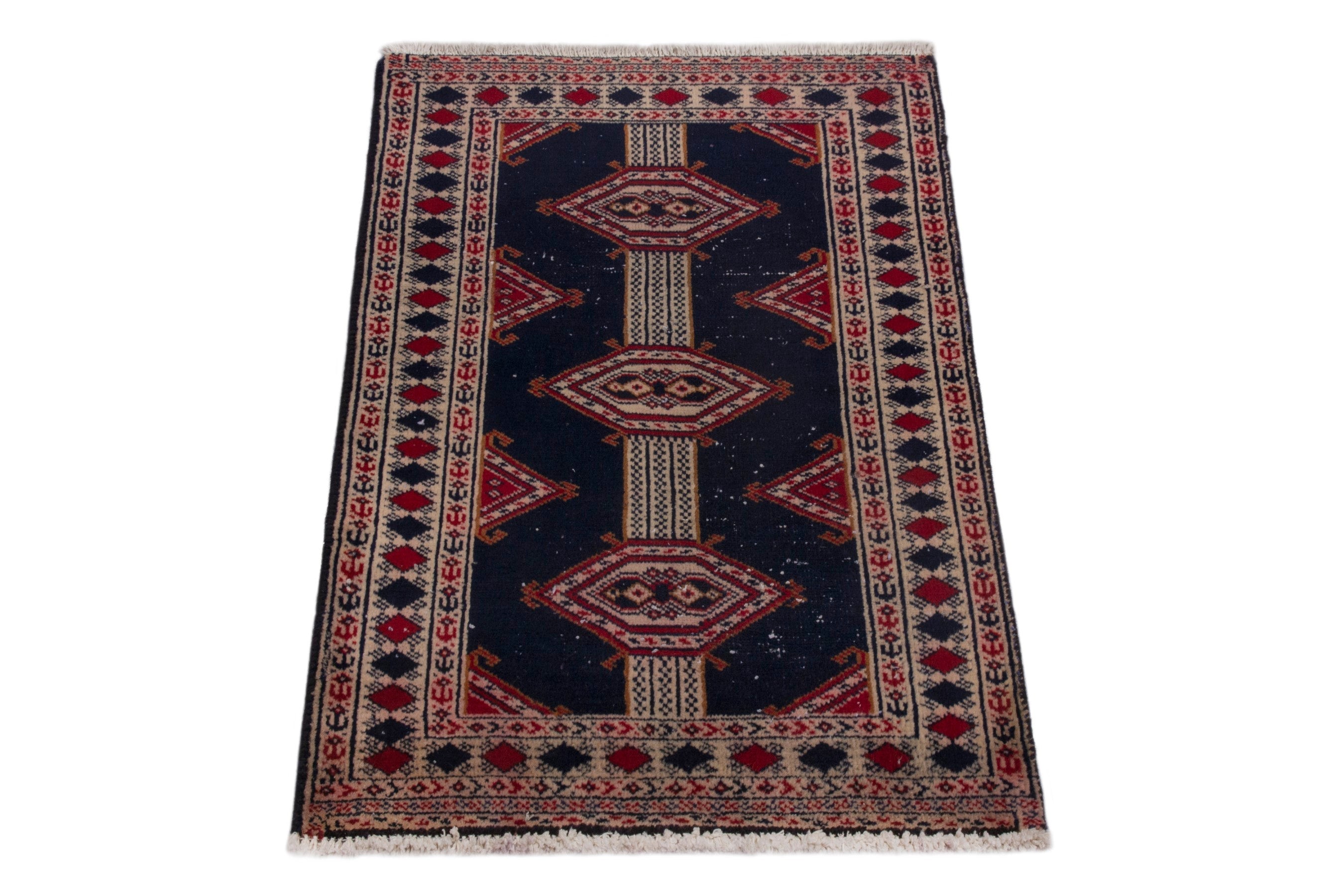 Persian Torkaman accent rug in navy and deep red, view 2 of 7