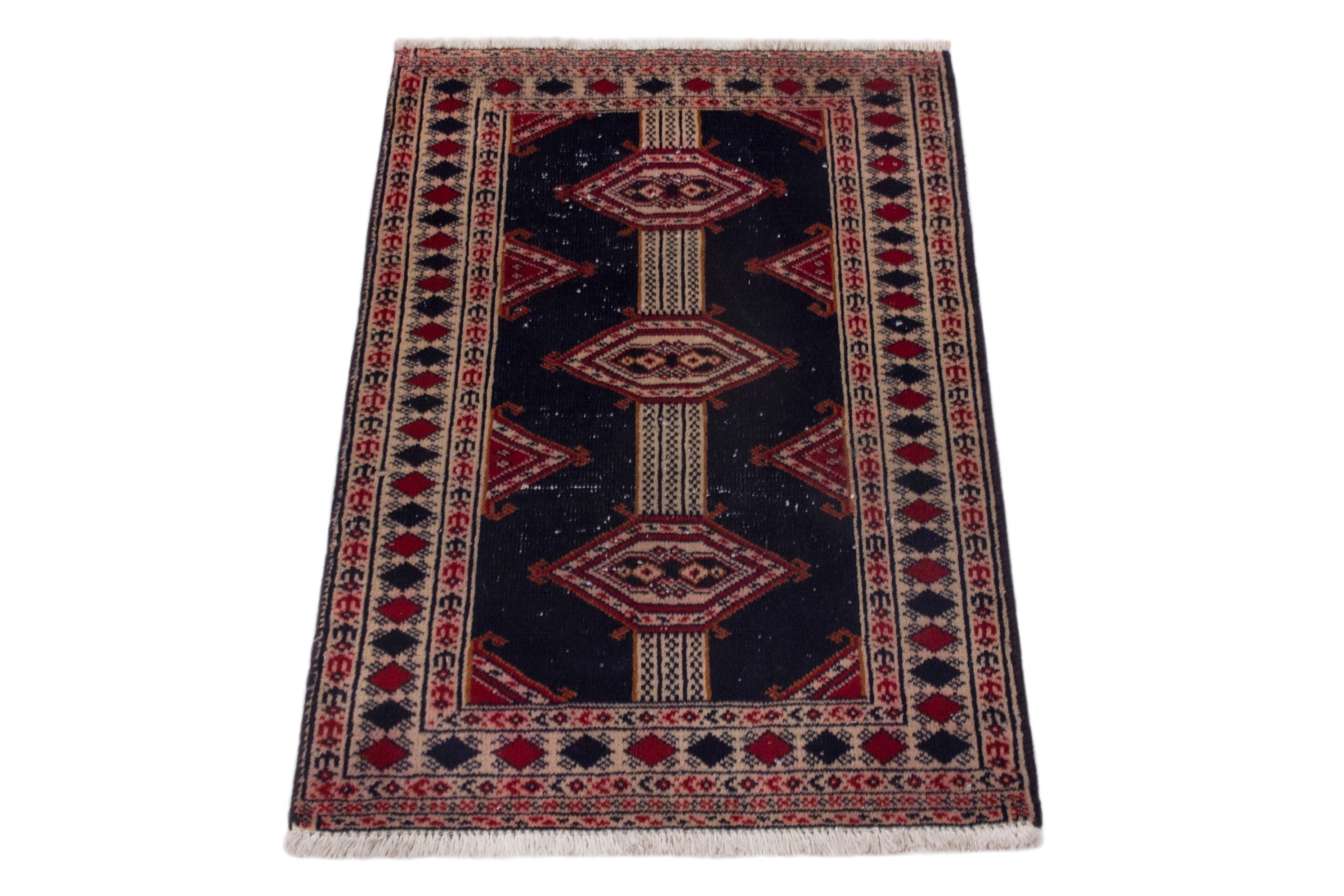 Persian Torkaman accent rug in navy and deep red, view 3 of 7