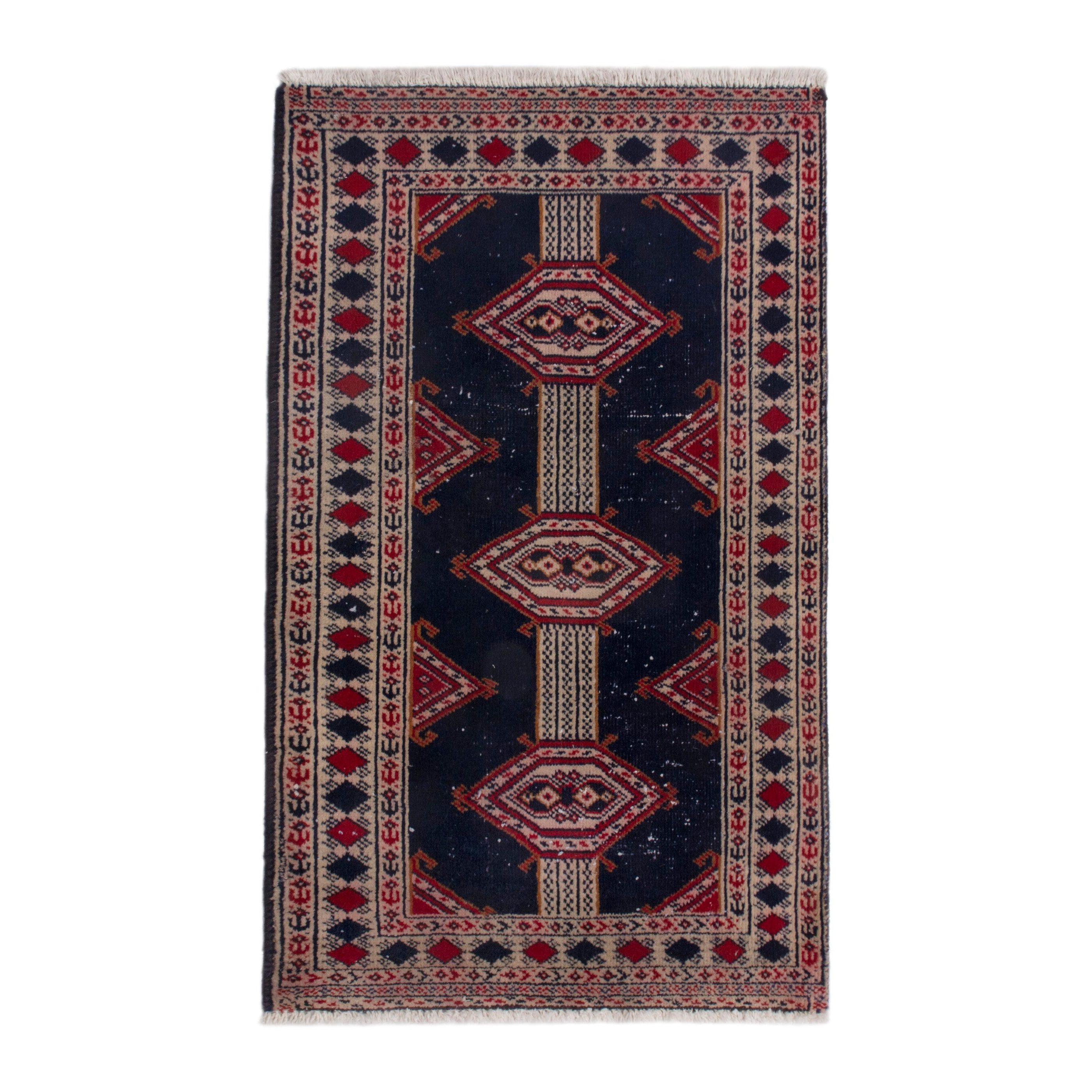 Persian Torkaman accent rug in navy and deep red, 2' x 2'11"