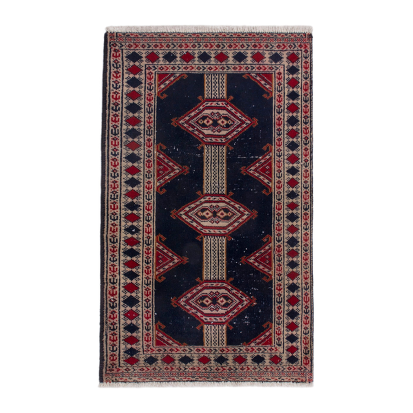 Persian Torkaman accent rug in navy and deep red, 2' x 2'11"