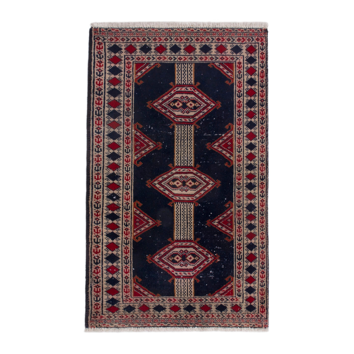 Persian Torkaman accent rug in navy and deep red, 2' x 2'11"