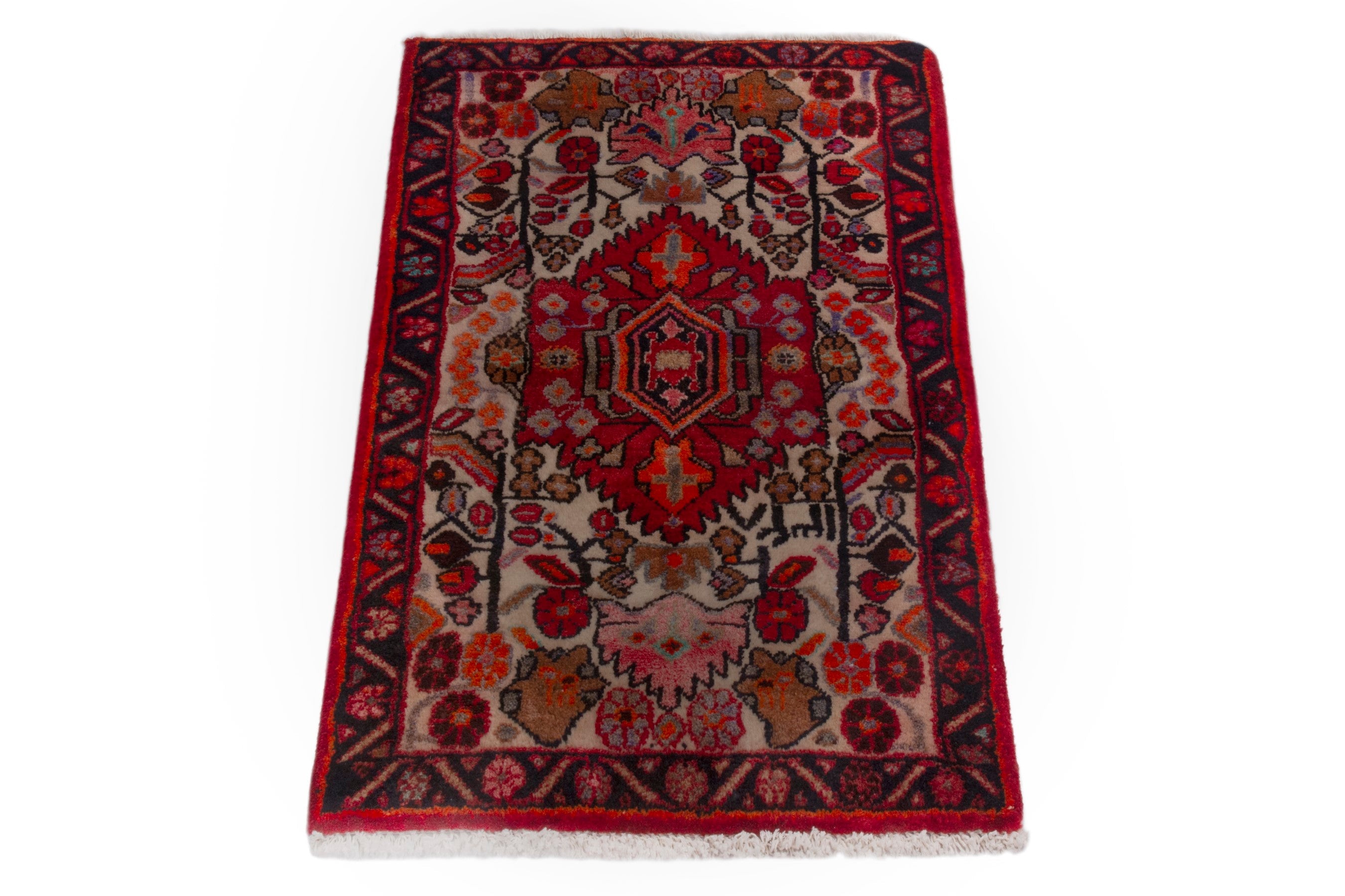 Persian Hamedan accent rug in deep red and burgundy, view 2 of 7