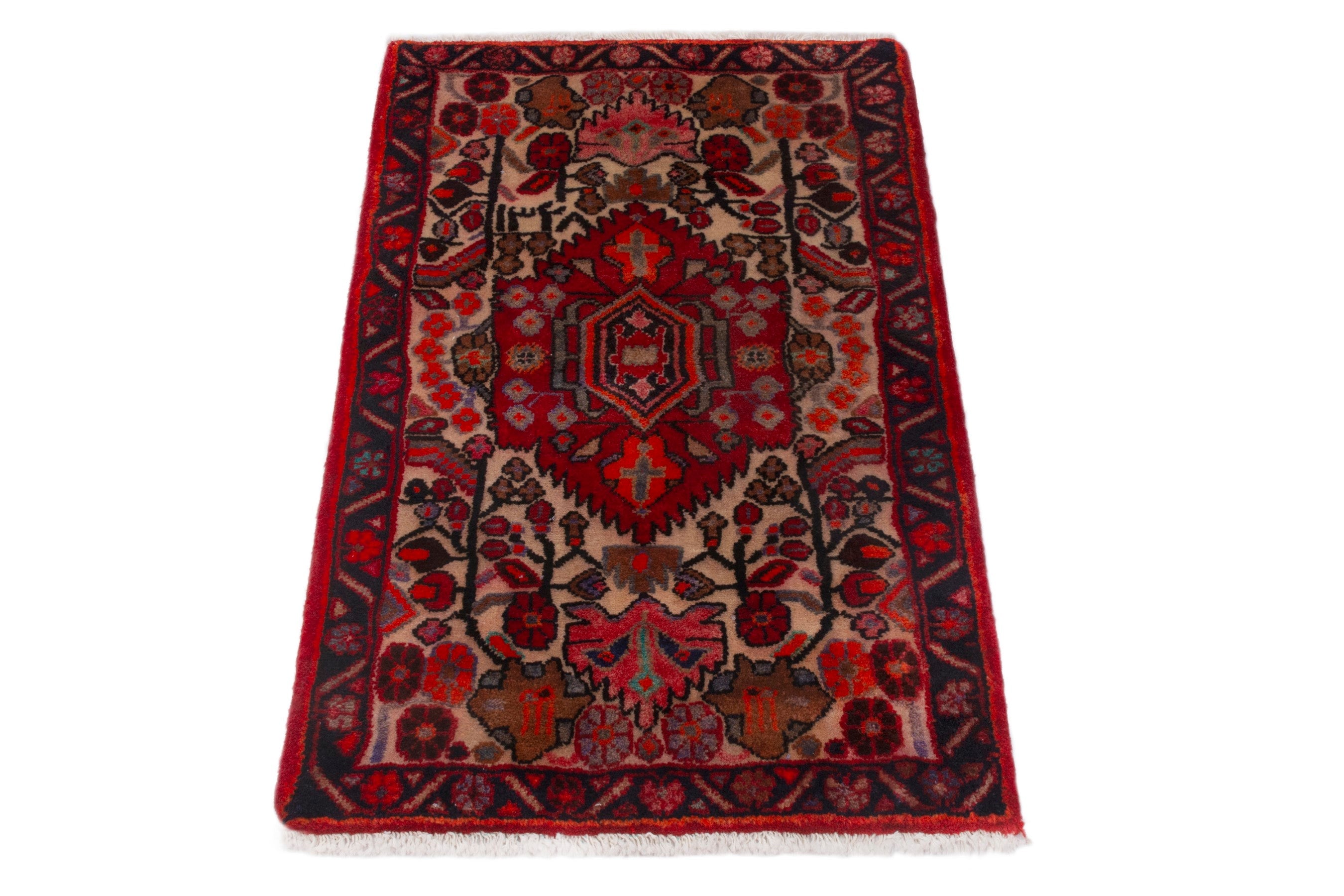 Persian Hamedan accent rug in deep red and burgundy, view 3 of 7