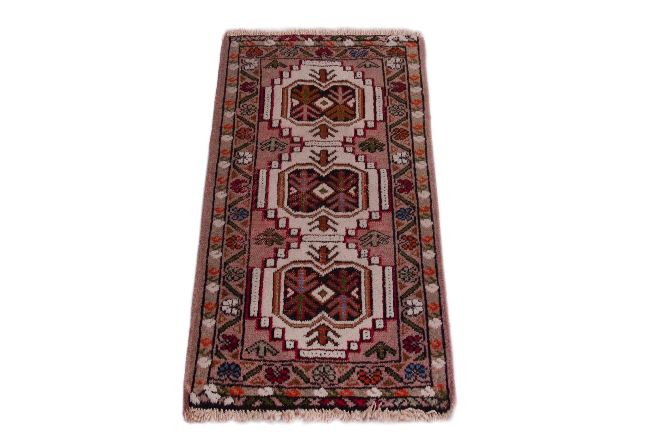 Persian Torkaman accent rug in cream and deep red, view 2 of 8