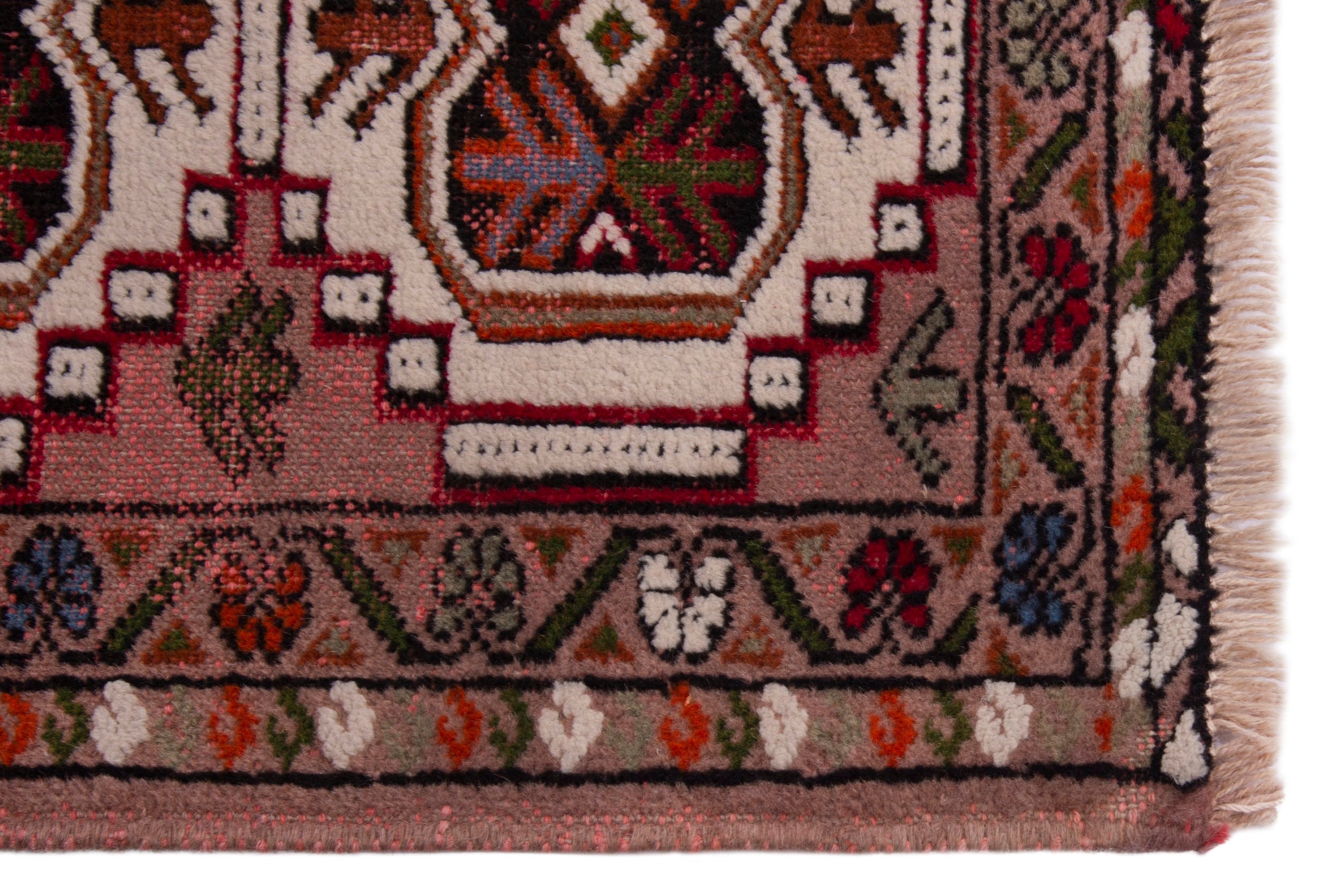 Persian Torkaman accent rug in cream and deep red, view 4 of 8