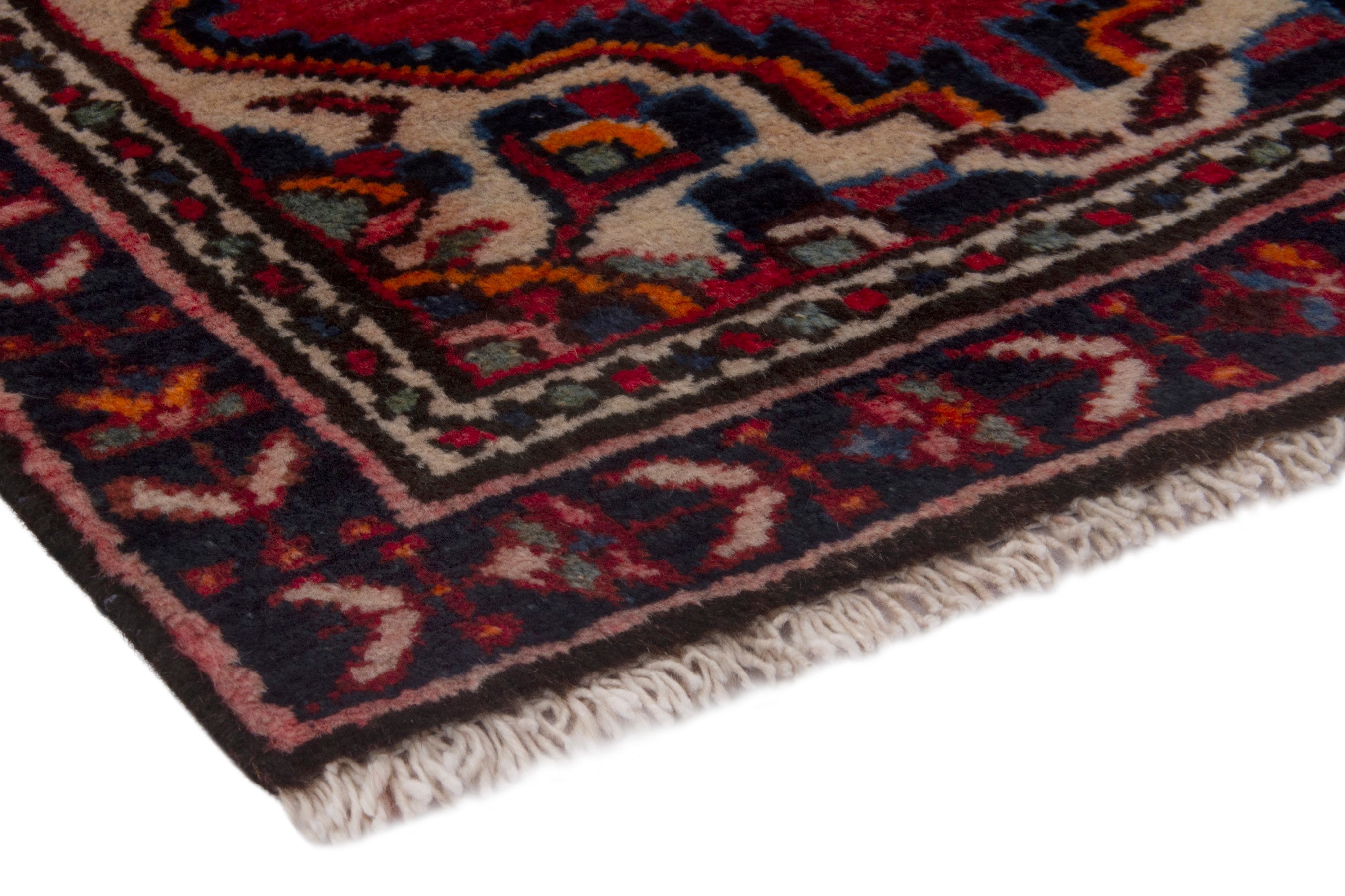 Persian Hamedan accent rug in deep red and burgundy, view 5 of 7