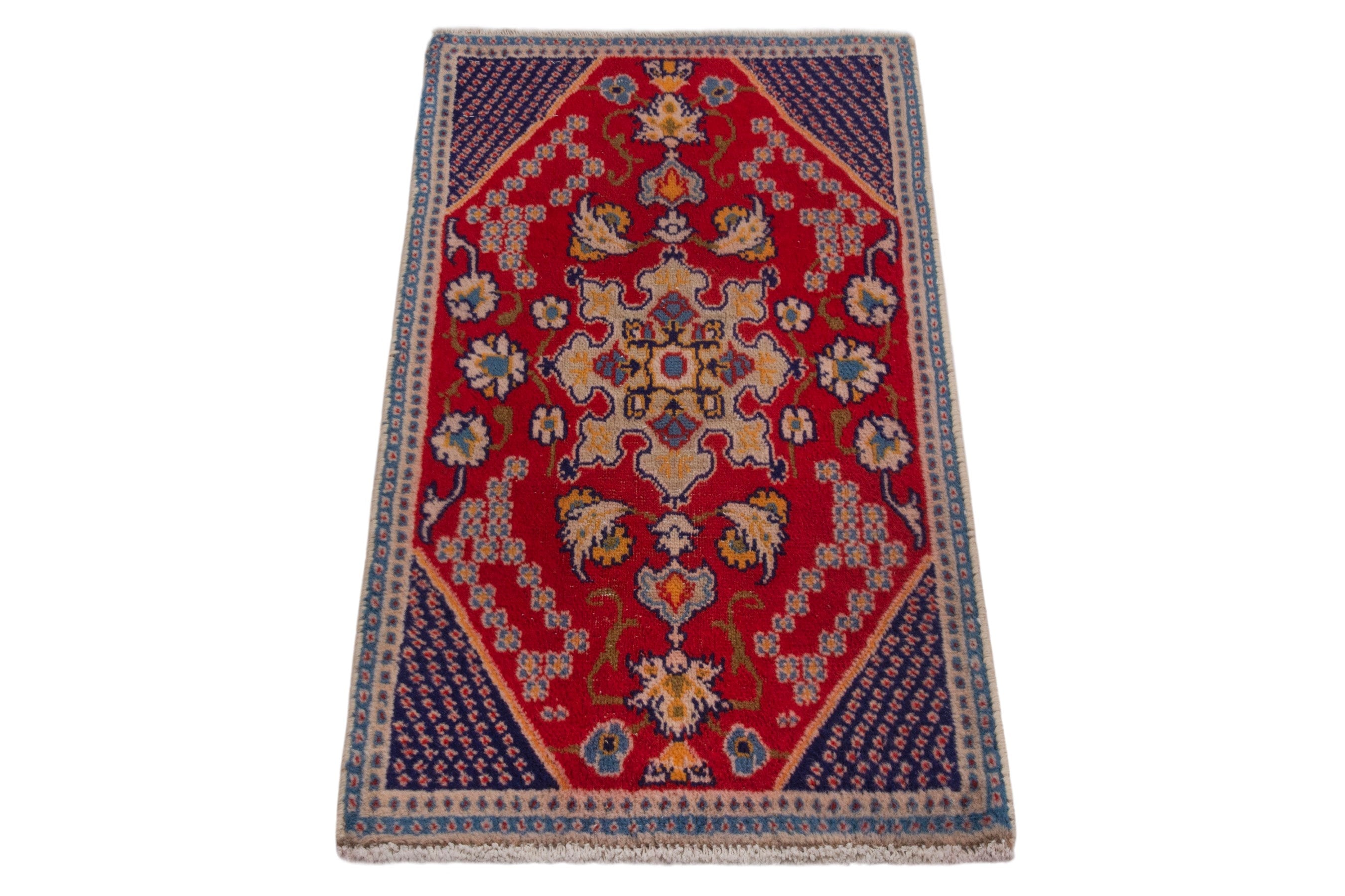 Persian Nain accent rug in deep red and dark blue, view 2 of 7